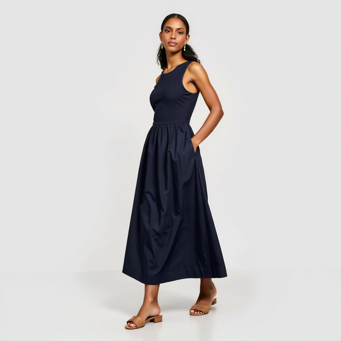 Sleeveless Fit-and-Flare Maxi Dress with Seam Waist and Side Pockets