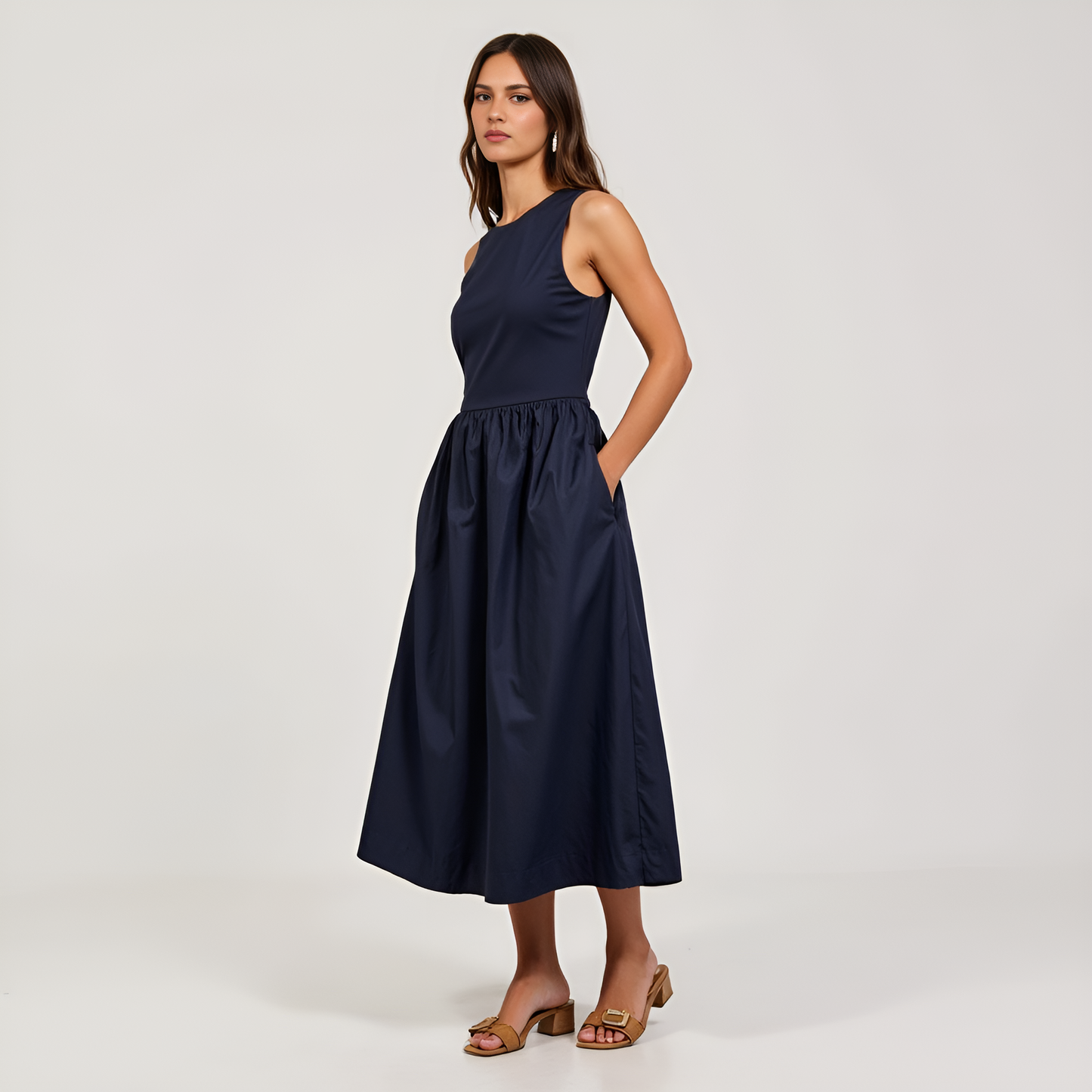 Sleeveless Crewneck Midi Dress with Gathered Waist and Pockets