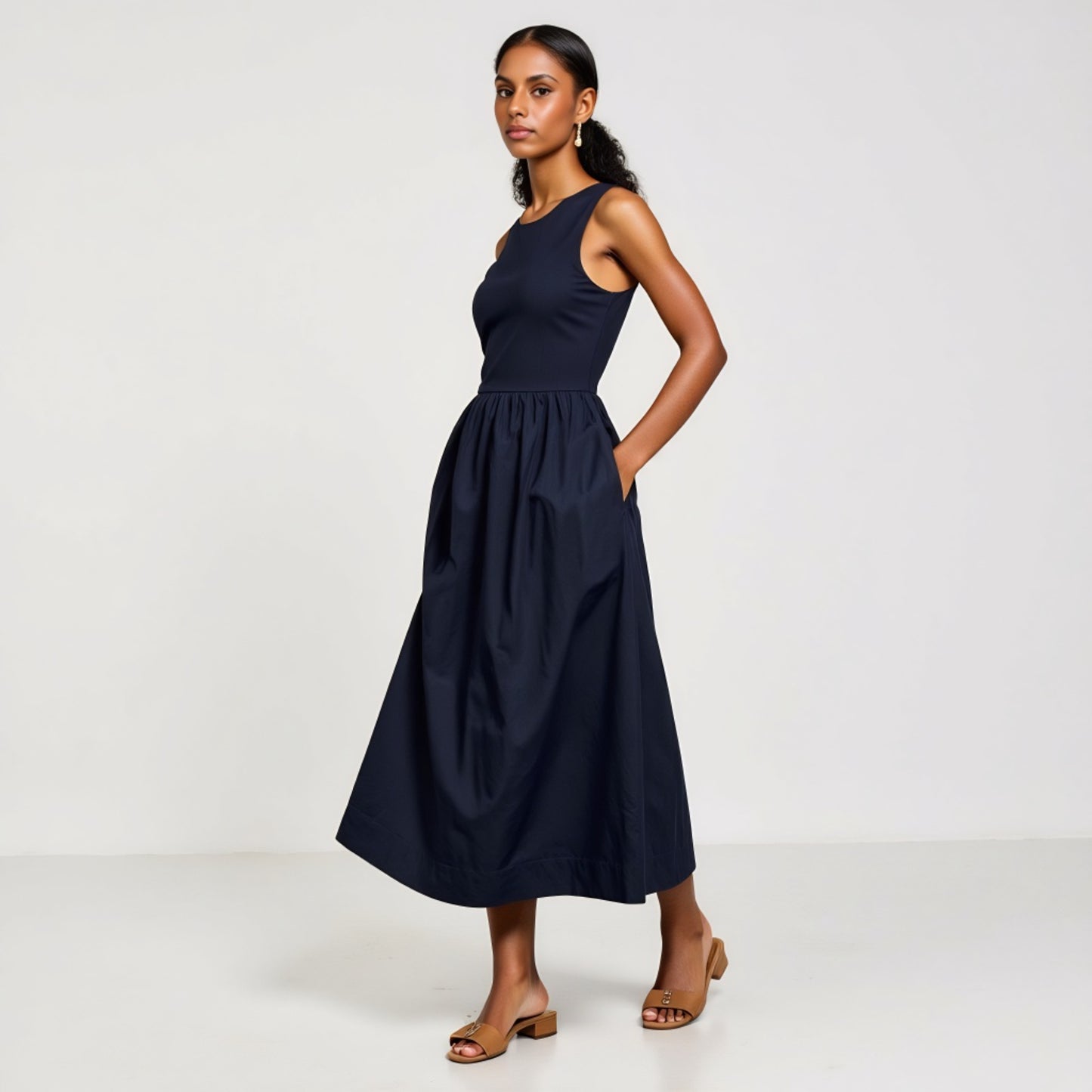 Sleeveless Fit-and-Flare Maxi Dress with Seam Waist and Side Pockets