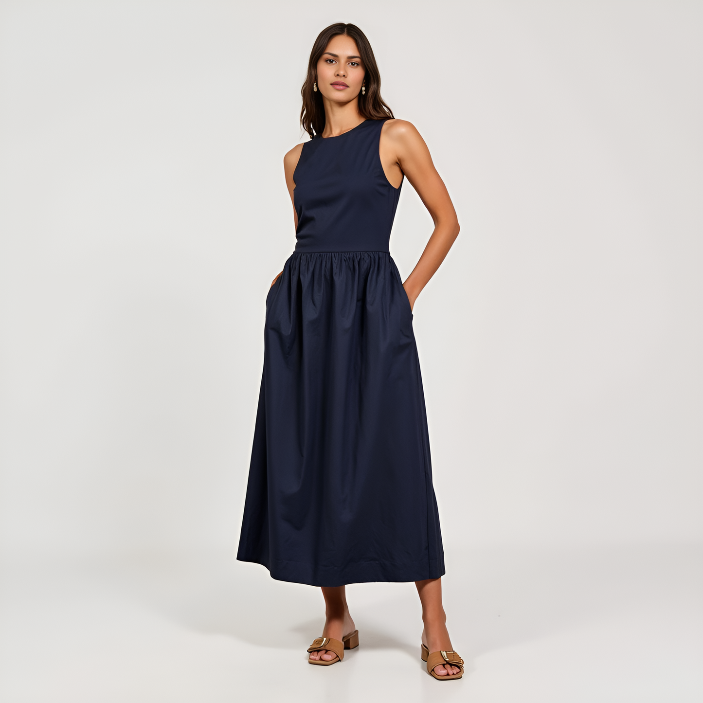 Sleeveless Crewneck Midi Dress with Gathered Waist and Pockets