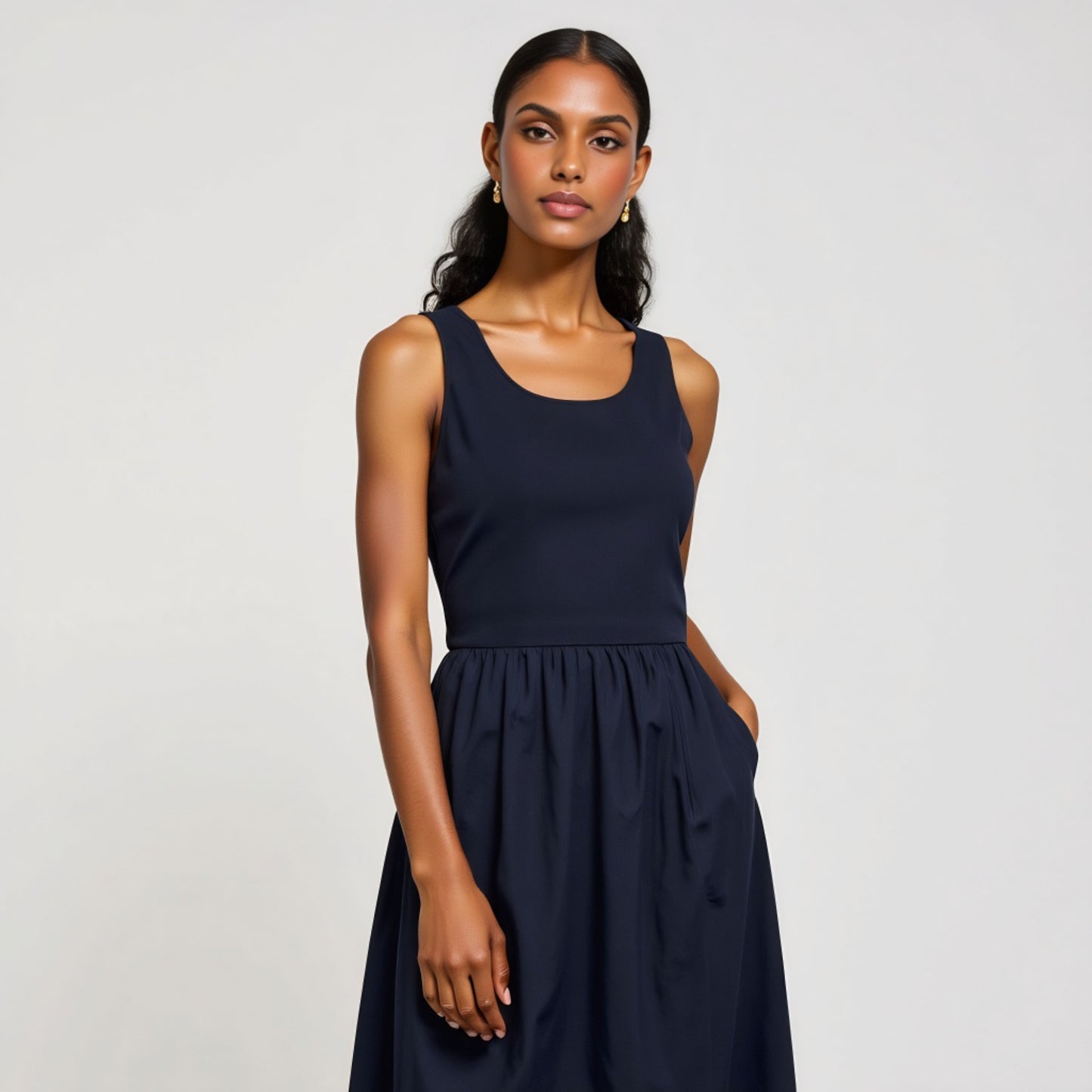 Sleeveless Fit-and-Flare Maxi Dress with Seam Waist and Side Pockets