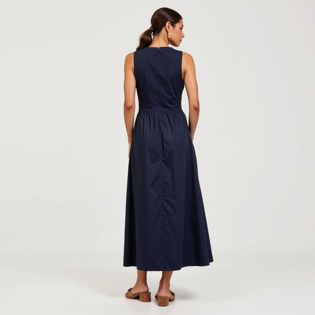 Sleeveless Crewneck Midi Dress with Gathered Waist and Pockets