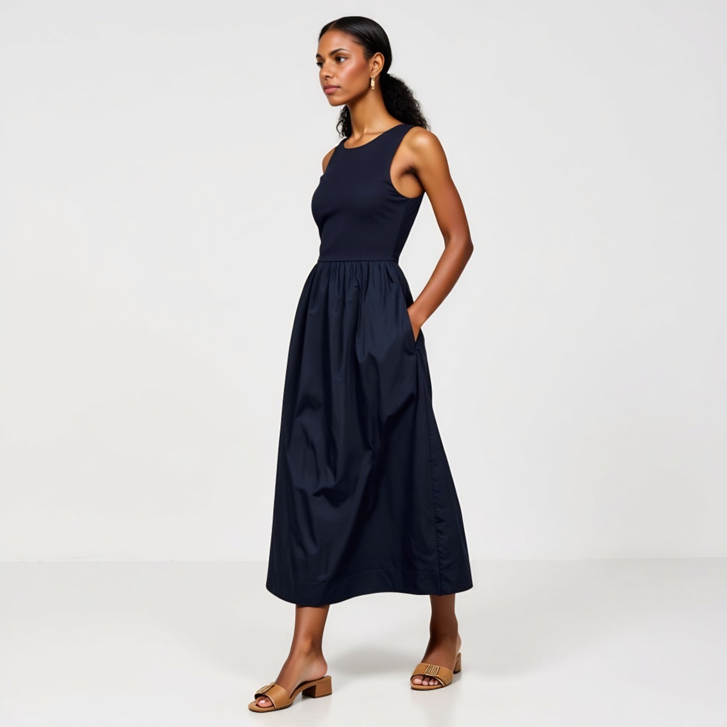 Sleeveless Fit-and-Flare Maxi Dress with Seam Waist and Side Pockets