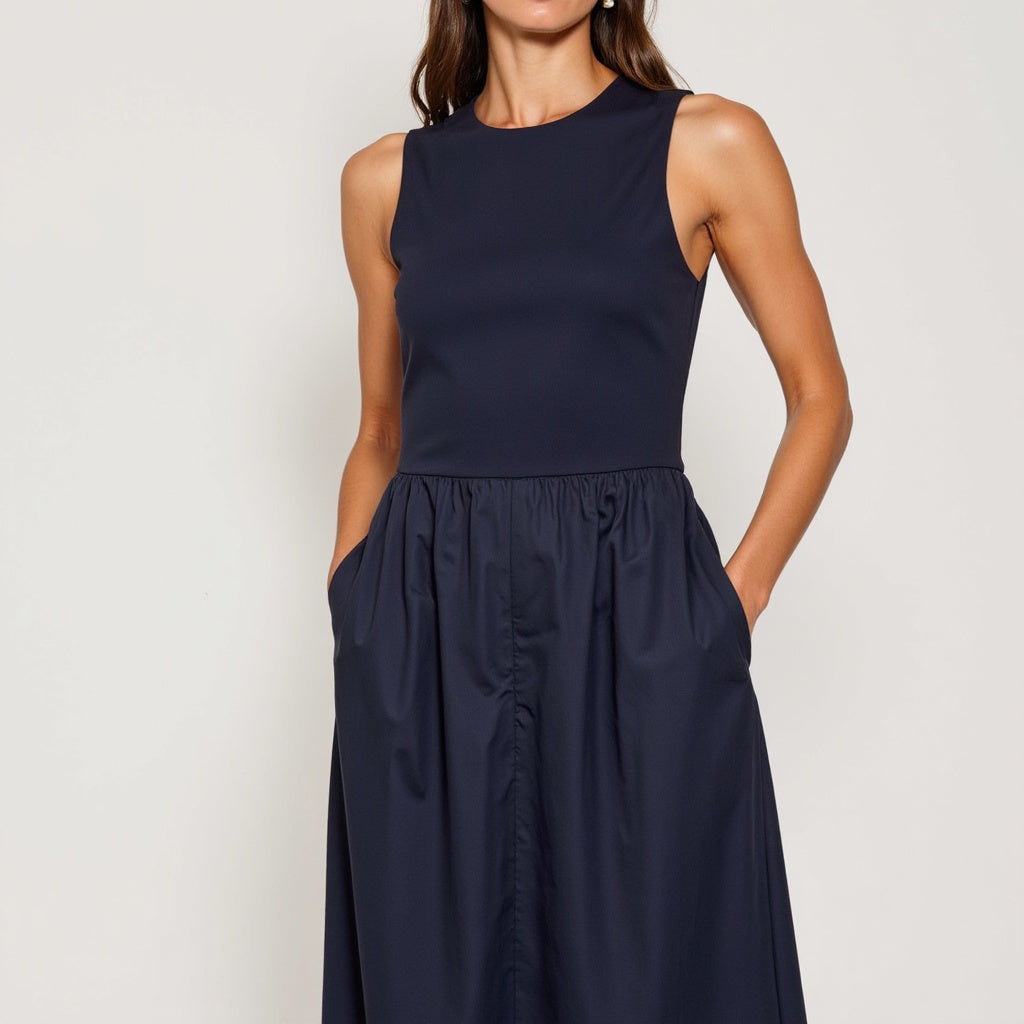 Sleeveless Crewneck Midi Dress with Gathered Waist and Pockets