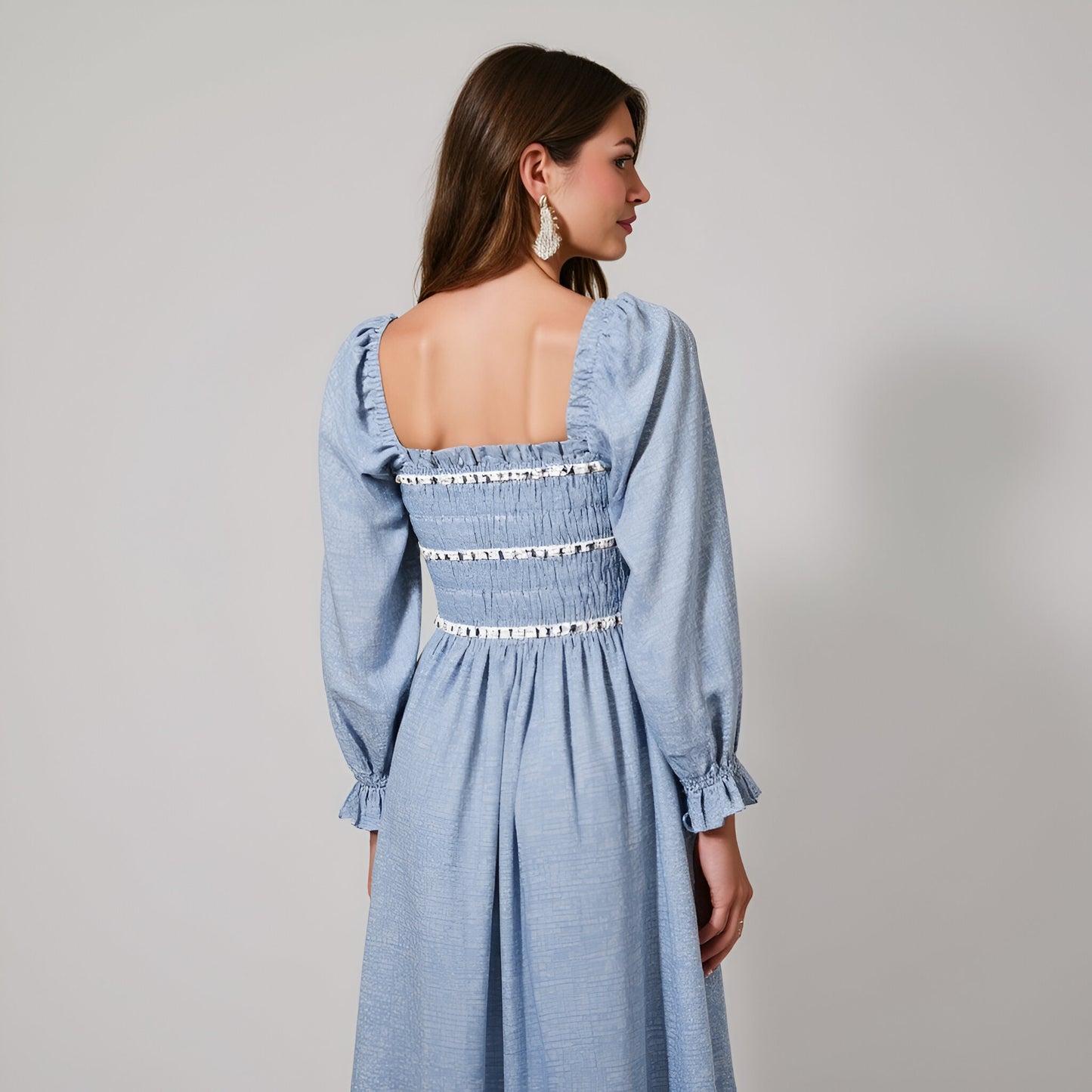 Paisley Print Smocked Bodice Midi Dress with Bow Accents and Lace Trim