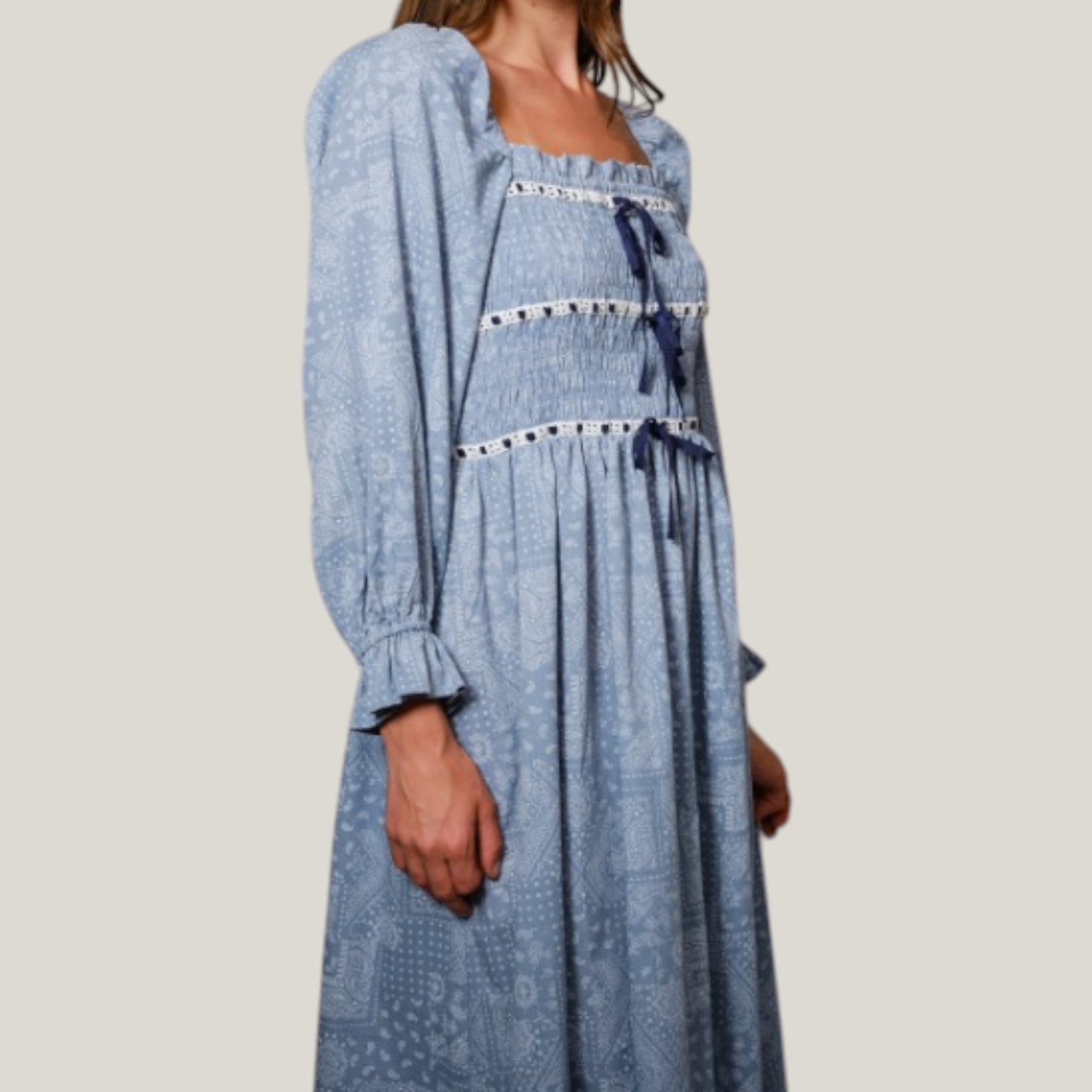 Paisley Print Smocked Bodice Midi Dress with Bow Accents and Lace Trim