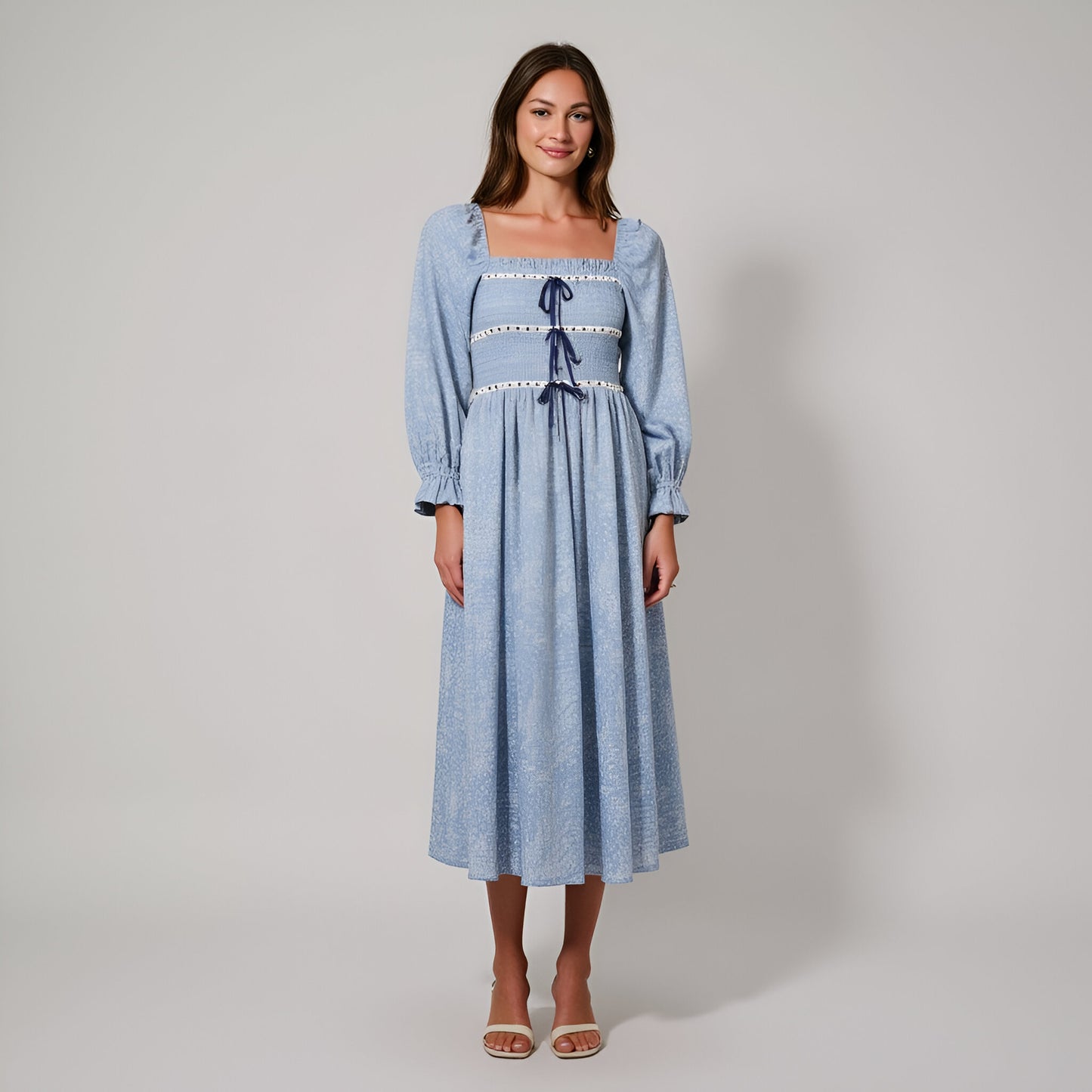 Paisley Print Smocked Bodice Midi Dress with Bow Accents and Lace Trim