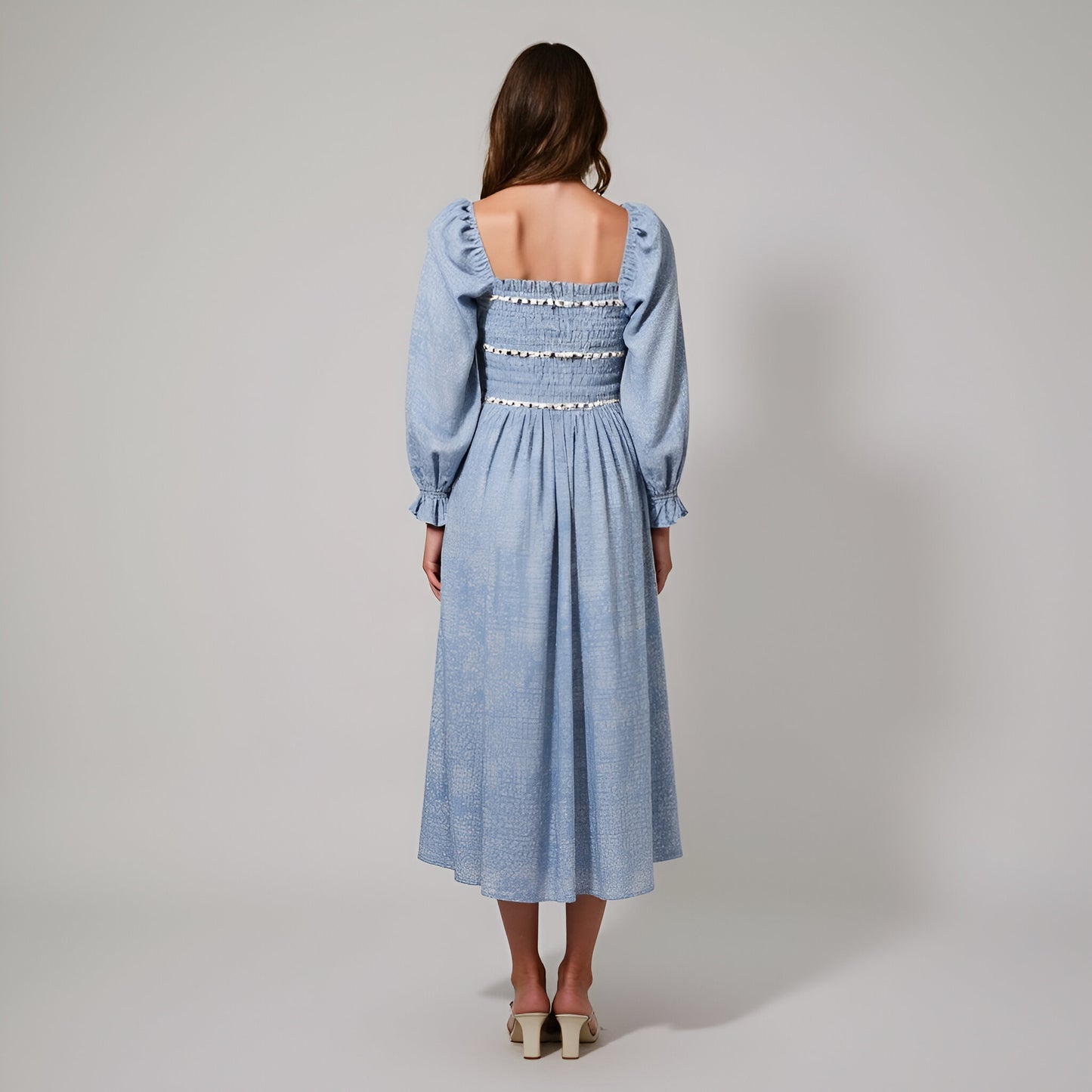 Paisley Print Smocked Bodice Midi Dress with Bow Accents and Lace Trim