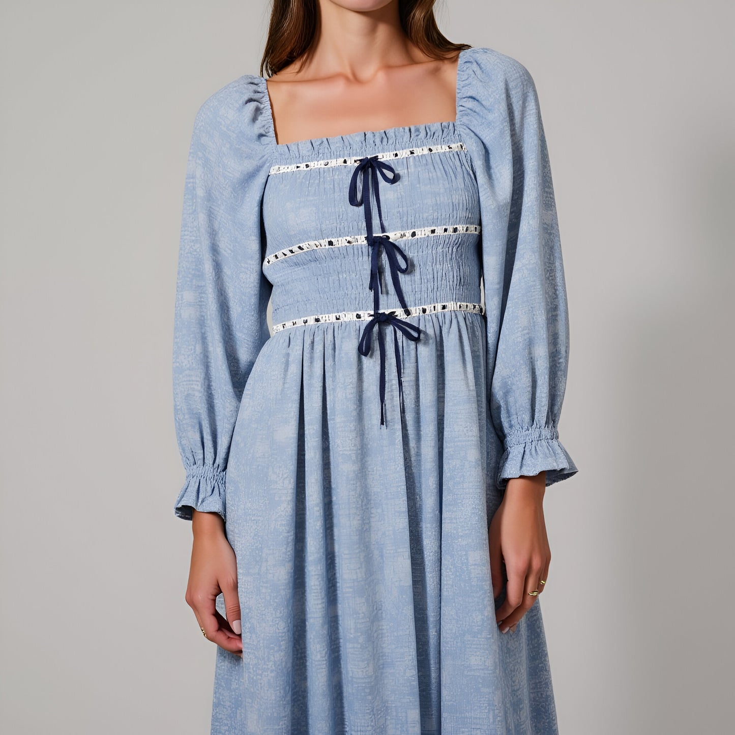 Paisley Print Smocked Bodice Midi Dress with Bow Accents and Lace Trim