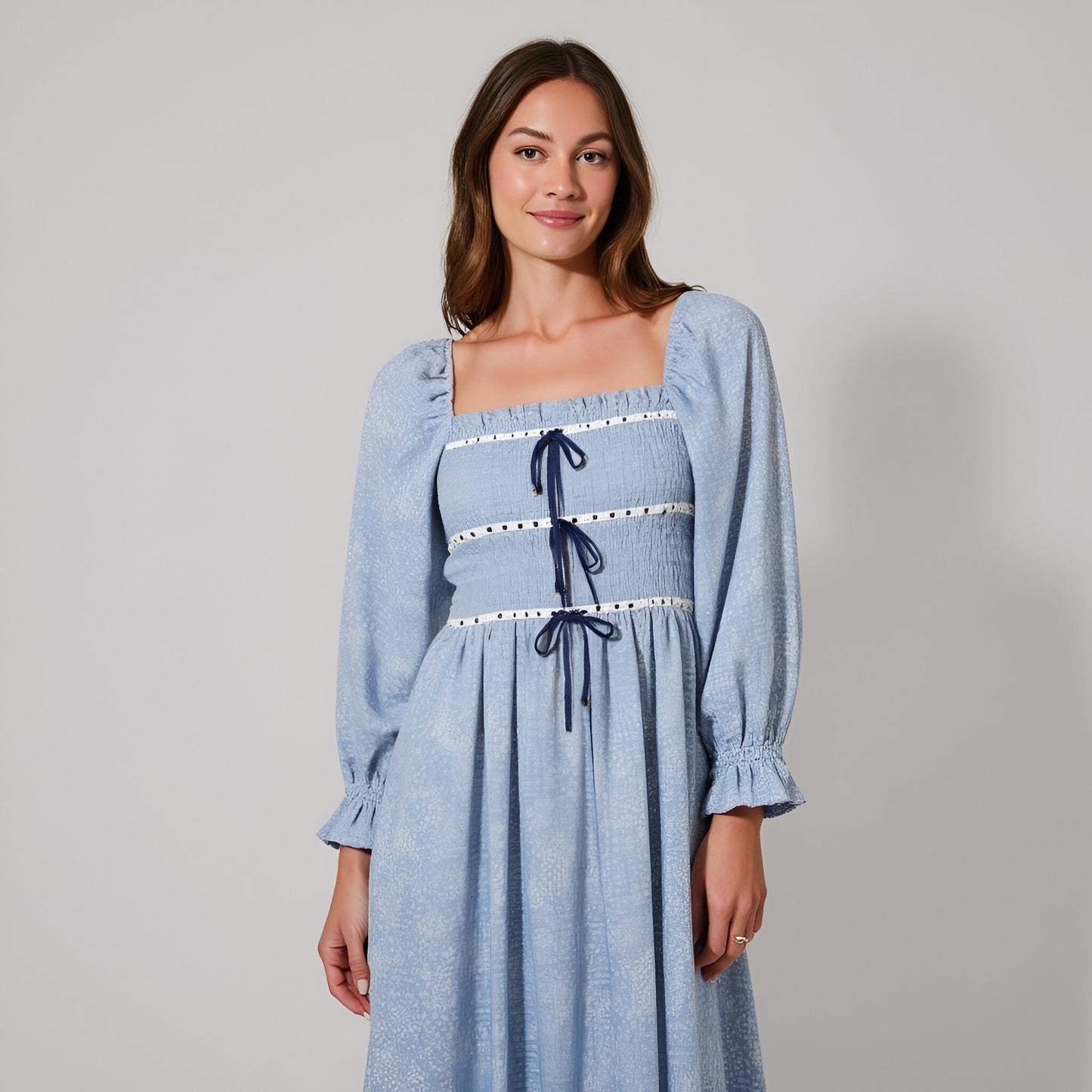 Paisley Print Smocked Bodice Midi Dress with Bow Accents and Lace Trim
