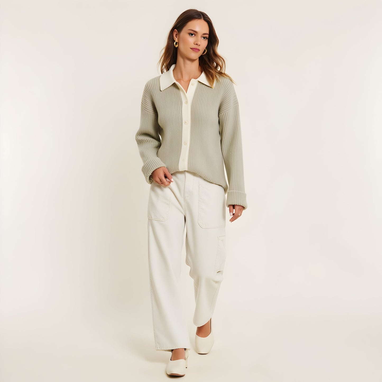 Ribbed Knit Cardigan with Contrast Trim, Button Front and Point Collar