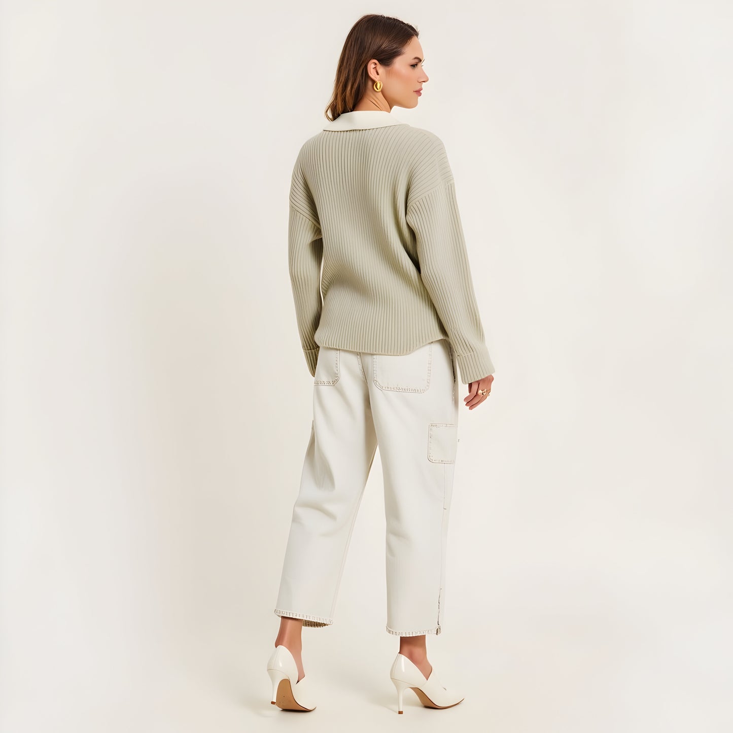 Ribbed Knit Cardigan with Contrast Trim, Button Front and Point Collar