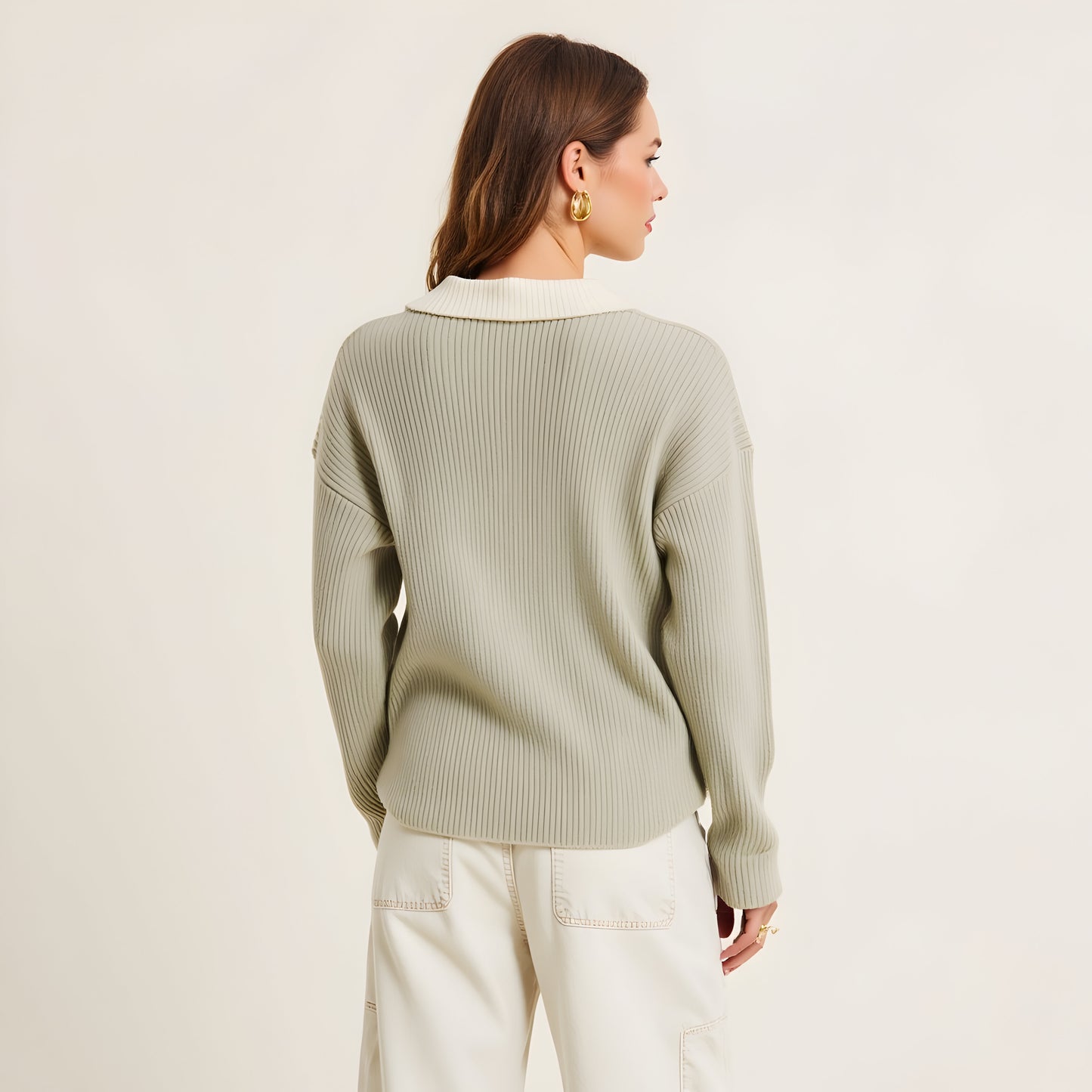 Ribbed Knit Cardigan with Contrast Trim, Button Front and Point Collar