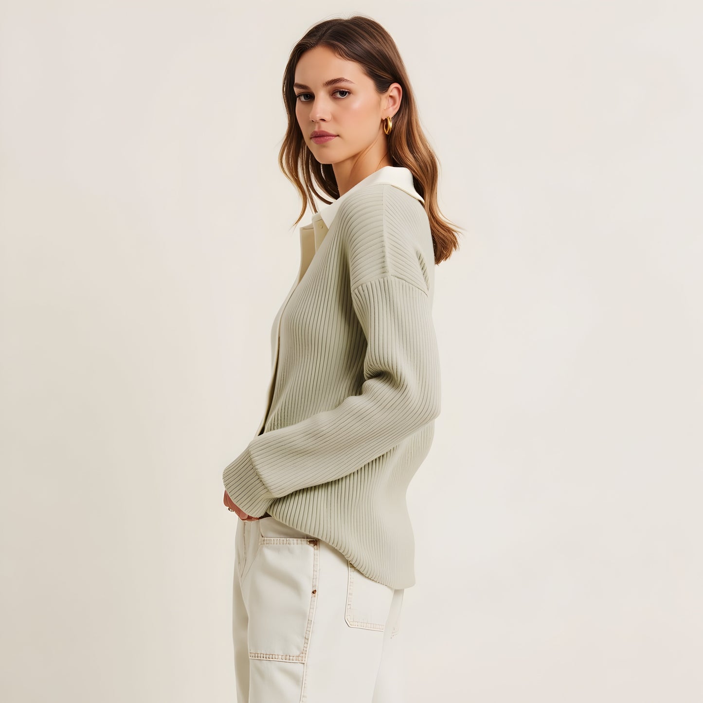 Ribbed Knit Cardigan with Contrast Trim, Button Front and Point Collar