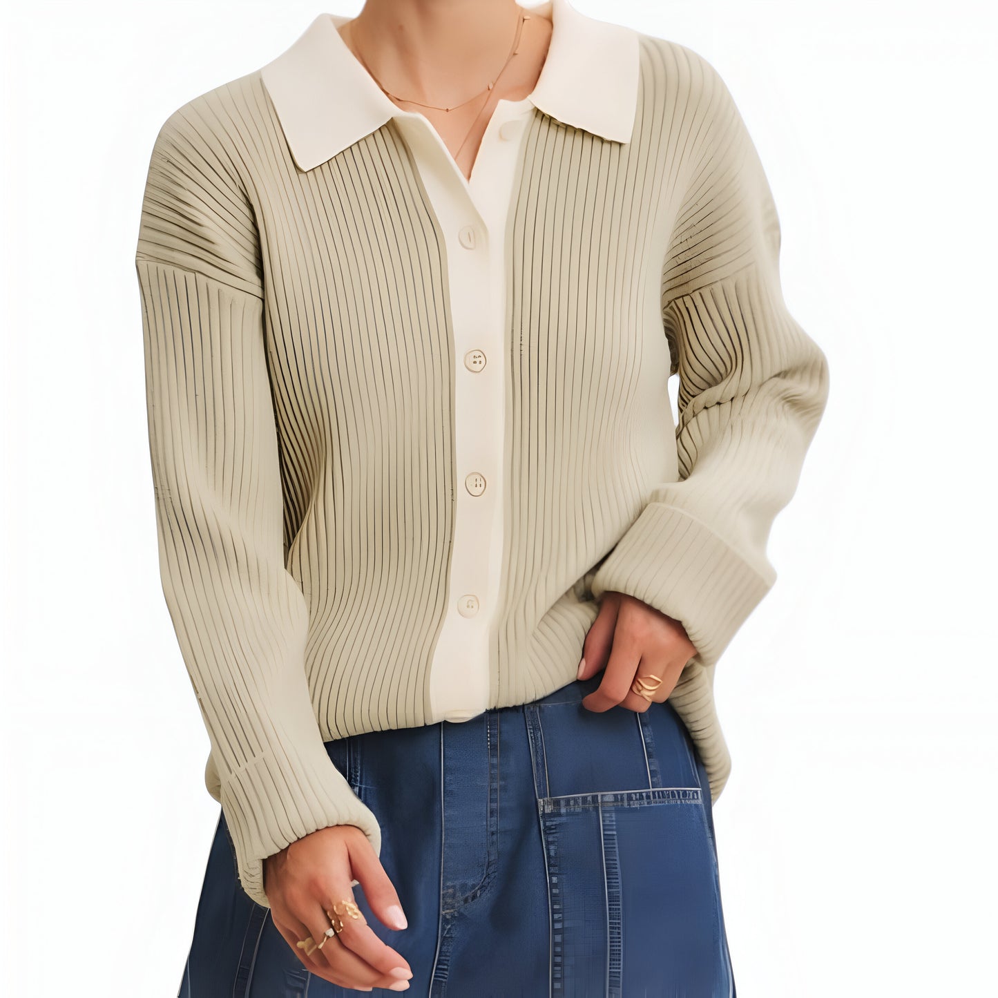 Ribbed Knit Cardigan with Contrast Trim, Button Front and Point Collar