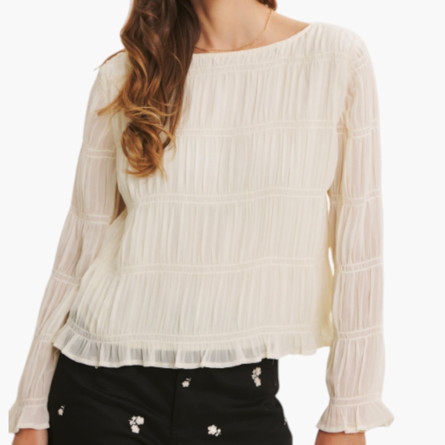 Sheer Textured Long Sleeve Top with Ruffle Trim and Subtle Volume