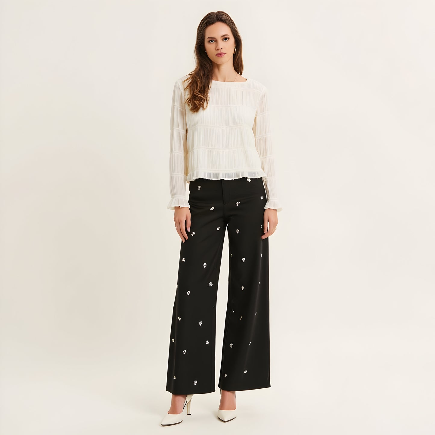 Sheer Textured Long Sleeve Top with Ruffle Trim and Subtle Volume