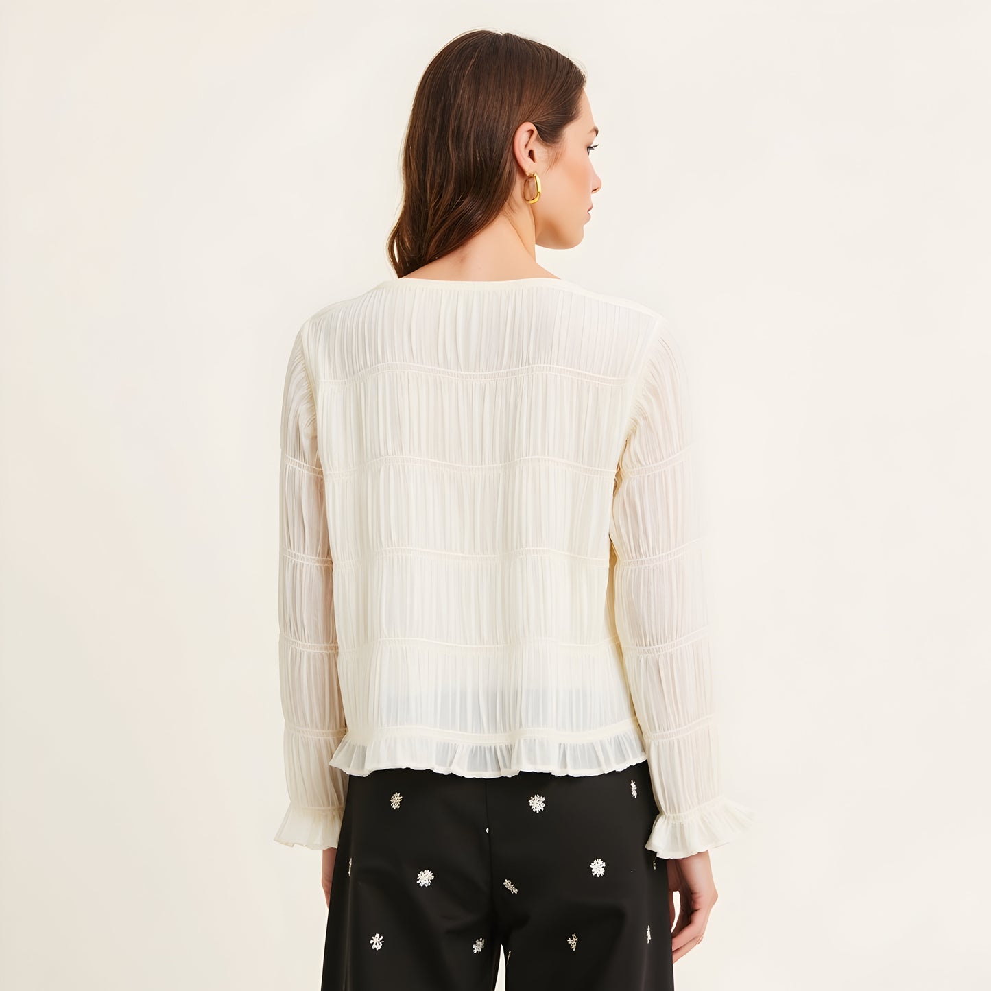 Sheer Textured Long Sleeve Top with Ruffle Trim and Subtle Volume