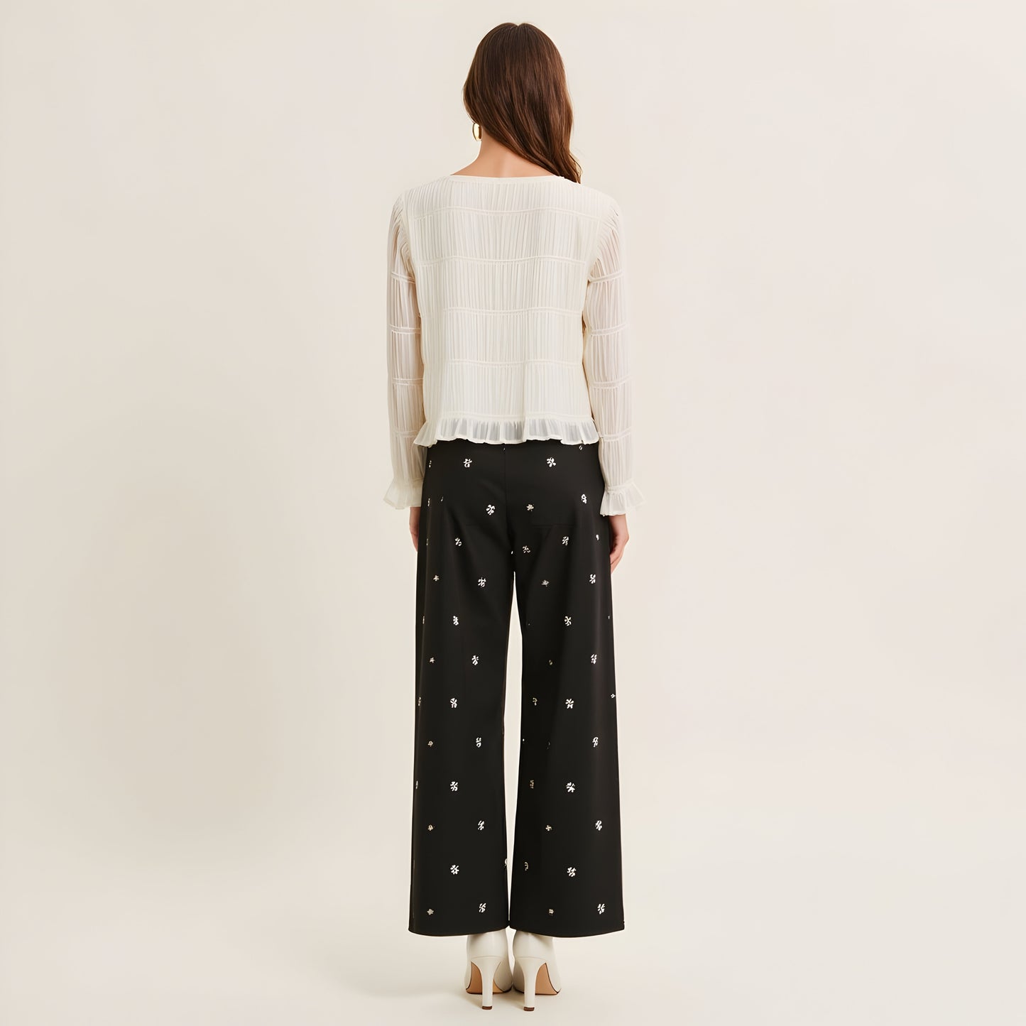 Sheer Textured Long Sleeve Top with Ruffle Trim and Subtle Volume