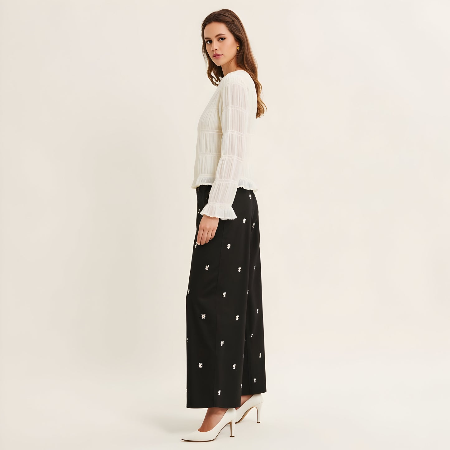 Sheer Textured Long Sleeve Top with Ruffle Trim and Subtle Volume