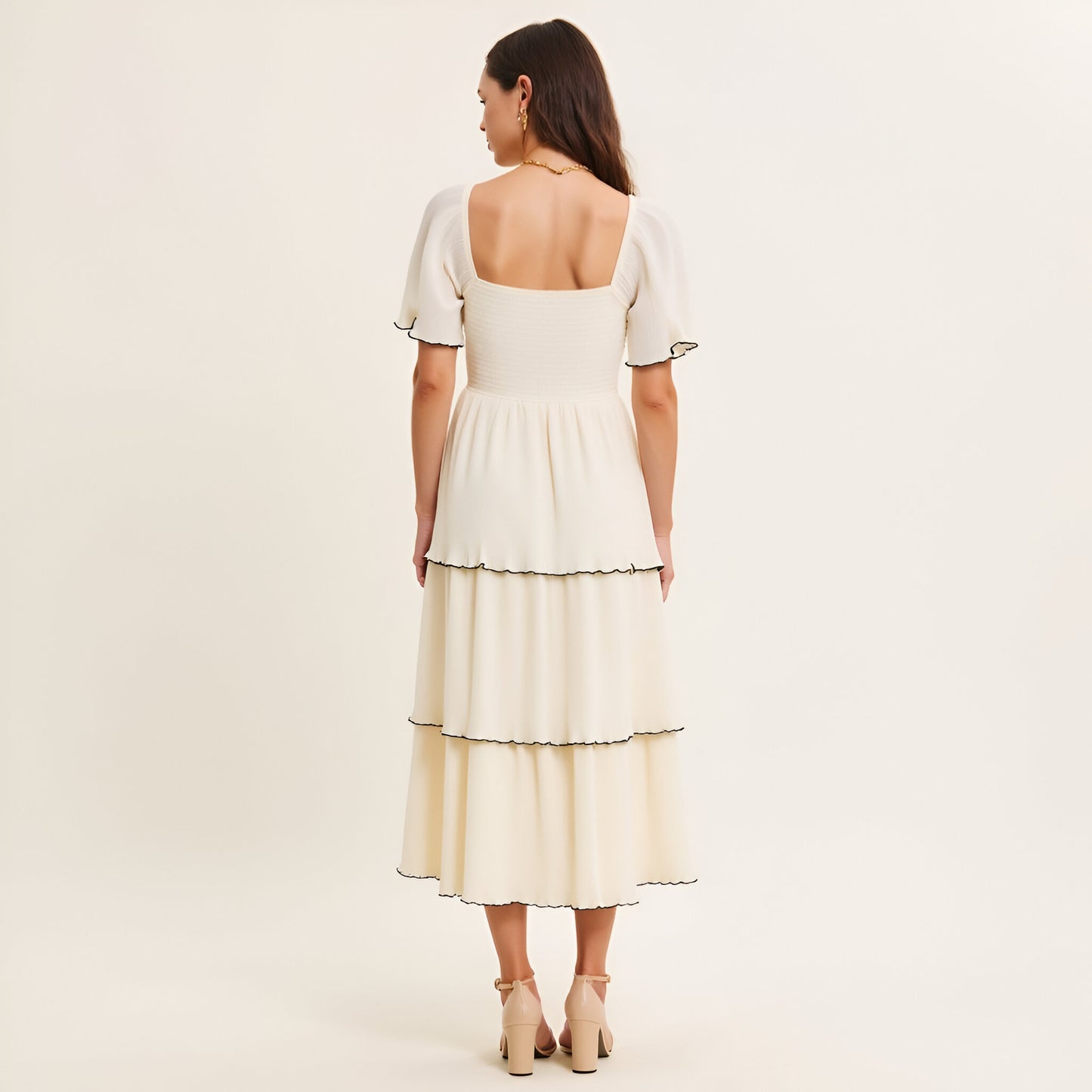 Tiered Pleated Midi Dress with Flutter Sleeves and Contrast Trim