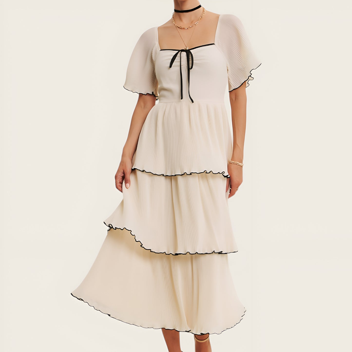 Tiered Pleated Midi Dress with Flutter Sleeves and Contrast Trim