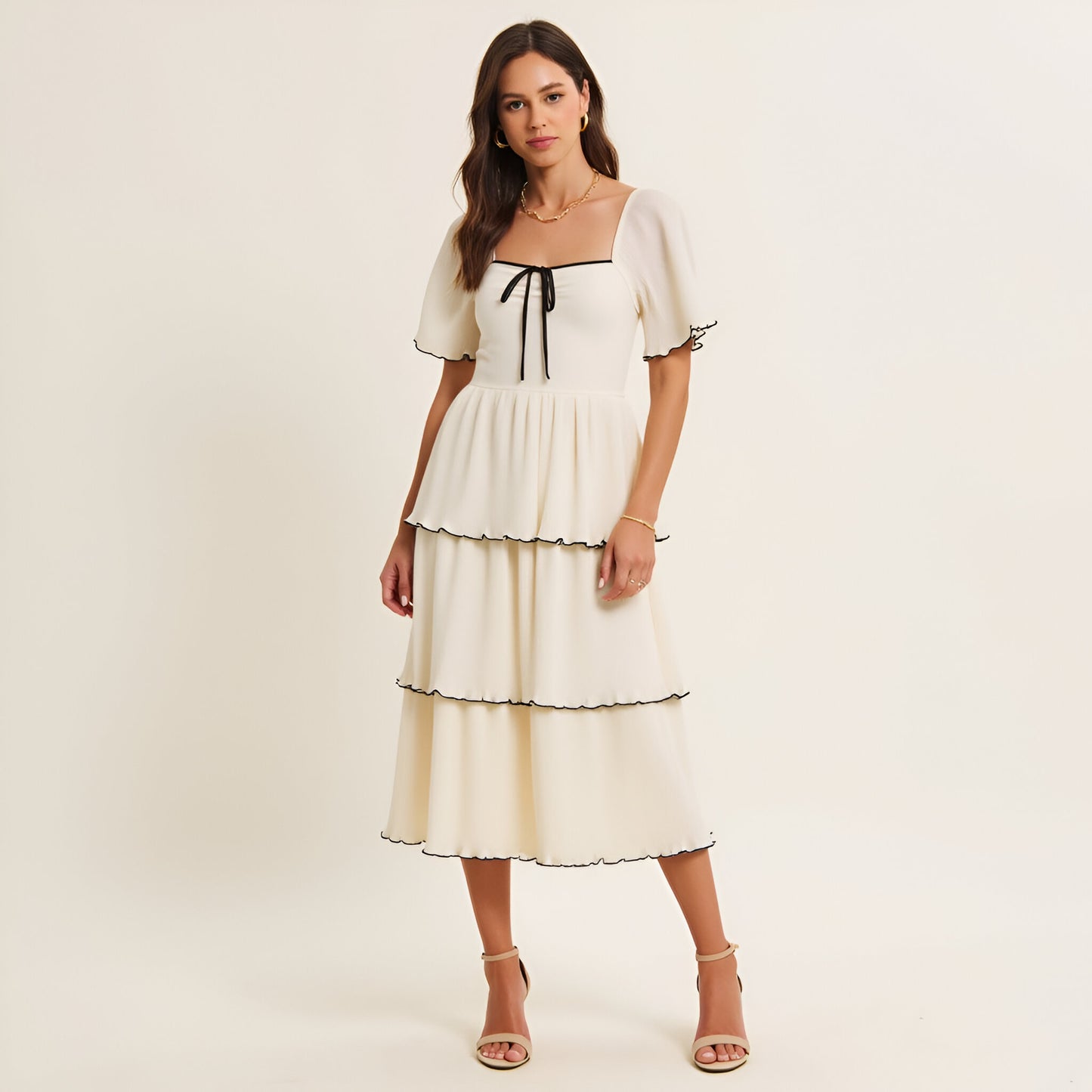 Tiered Pleated Midi Dress with Flutter Sleeves and Contrast Trim