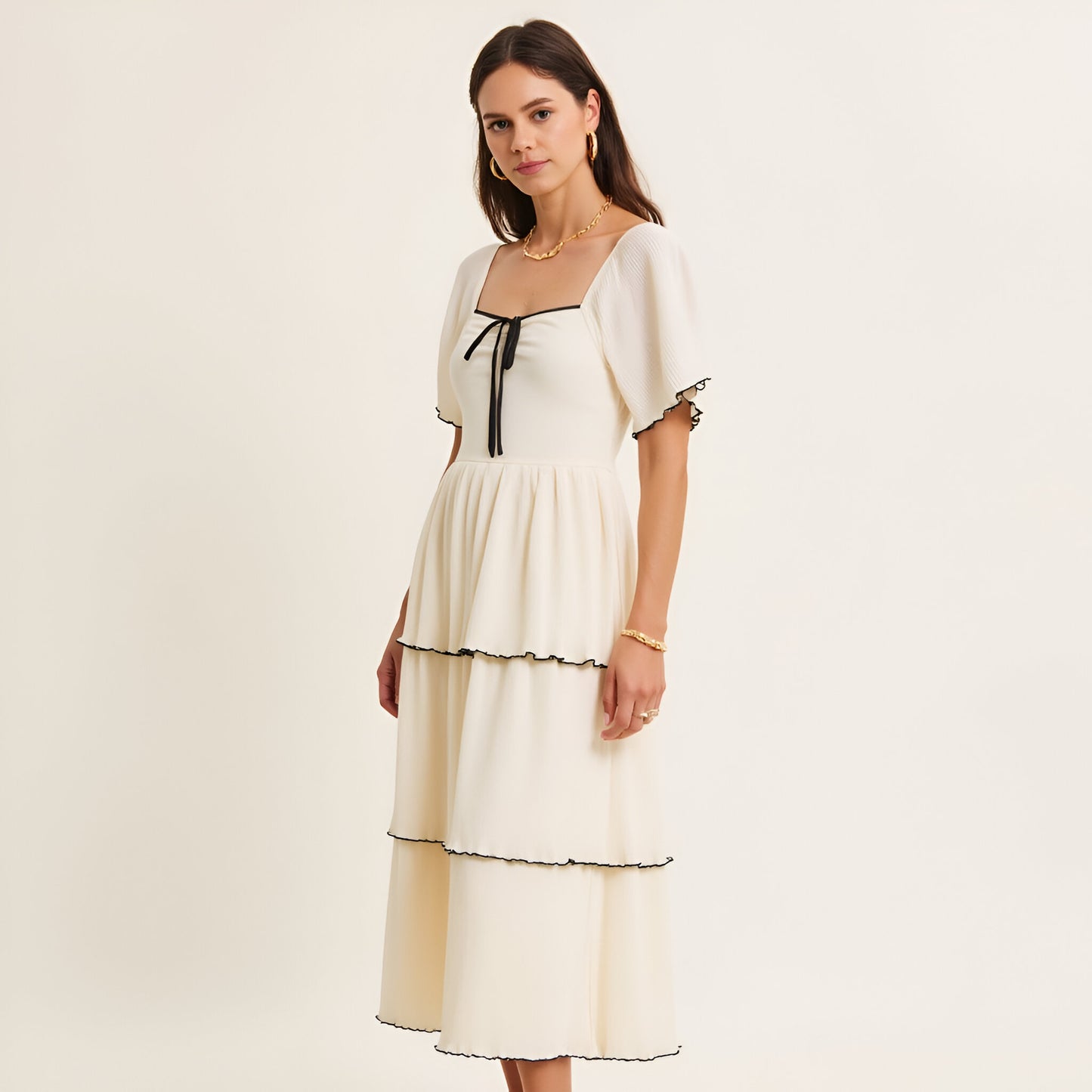 Tiered Pleated Midi Dress with Flutter Sleeves and Contrast Trim