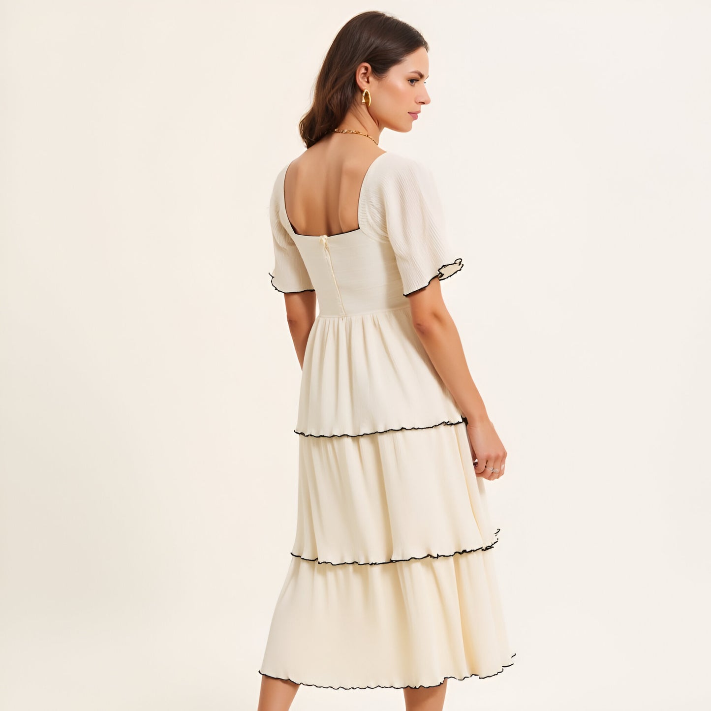 Tiered Pleated Midi Dress with Flutter Sleeves and Contrast Trim