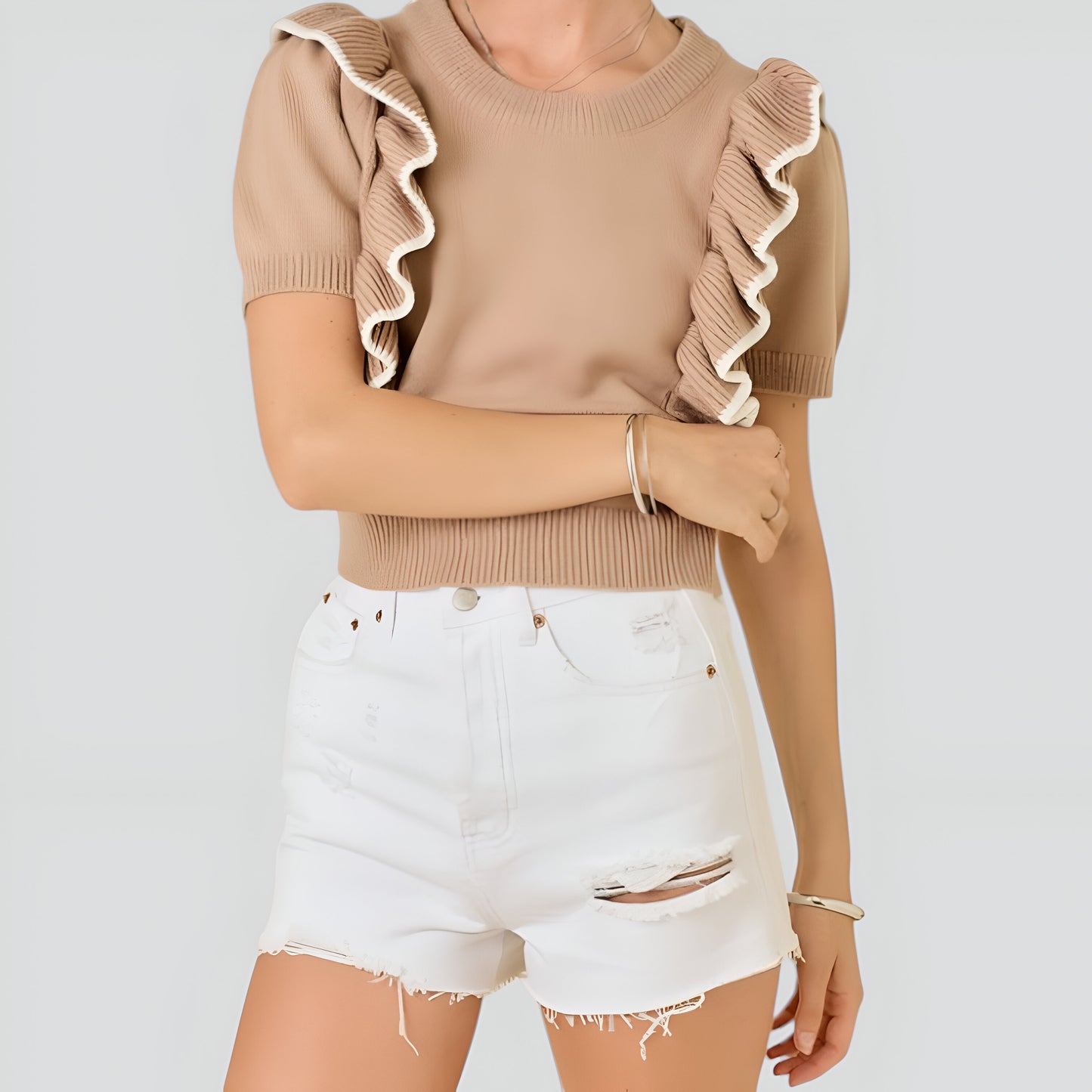 Knit Sweater Top with Short Puff Sleeves and Contrast Ruffle Trim