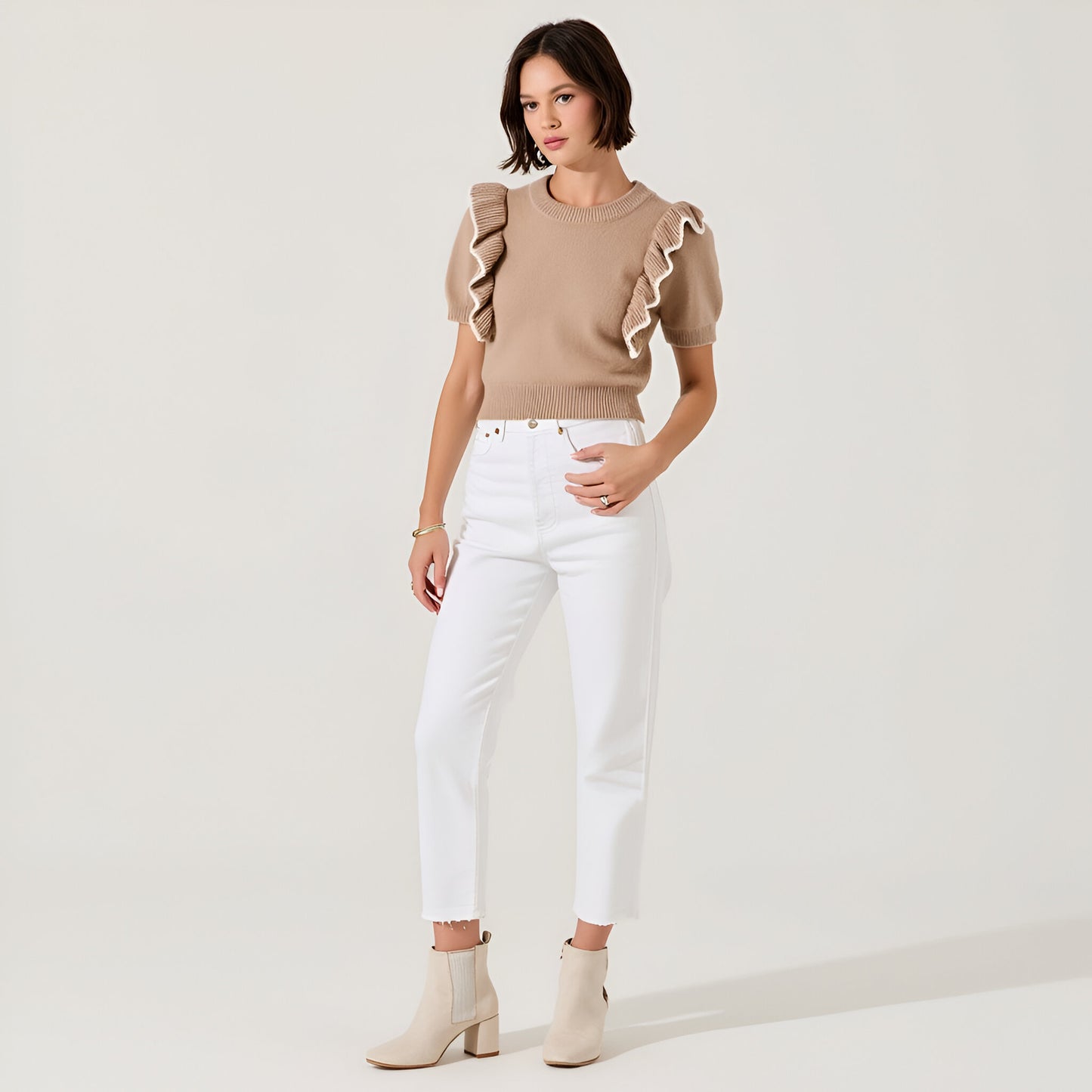 Knit Sweater Top with Short Puff Sleeves and Contrast Ruffle Trim