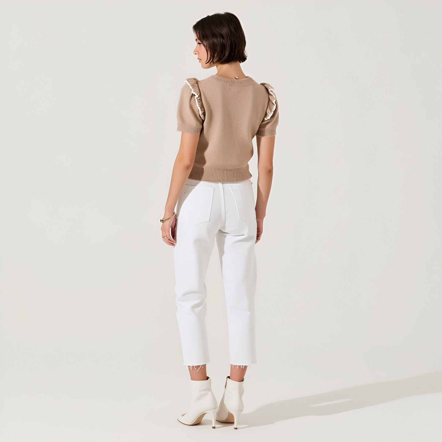 Knit Sweater Top with Short Puff Sleeves and Contrast Ruffle Trim