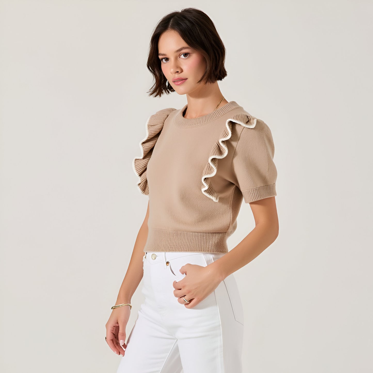 Knit Sweater Top with Short Puff Sleeves and Contrast Ruffle Trim