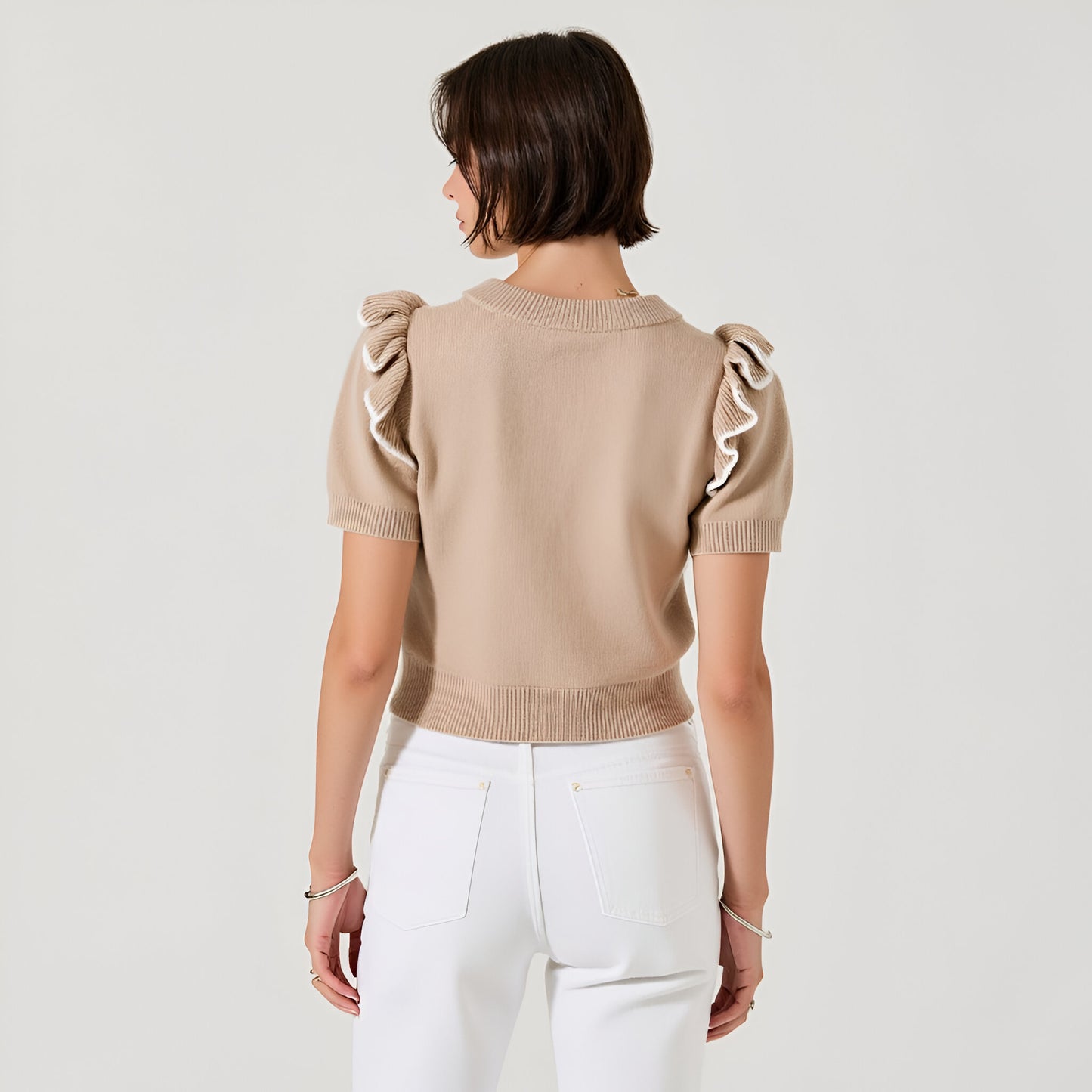 Knit Sweater Top with Short Puff Sleeves and Contrast Ruffle Trim