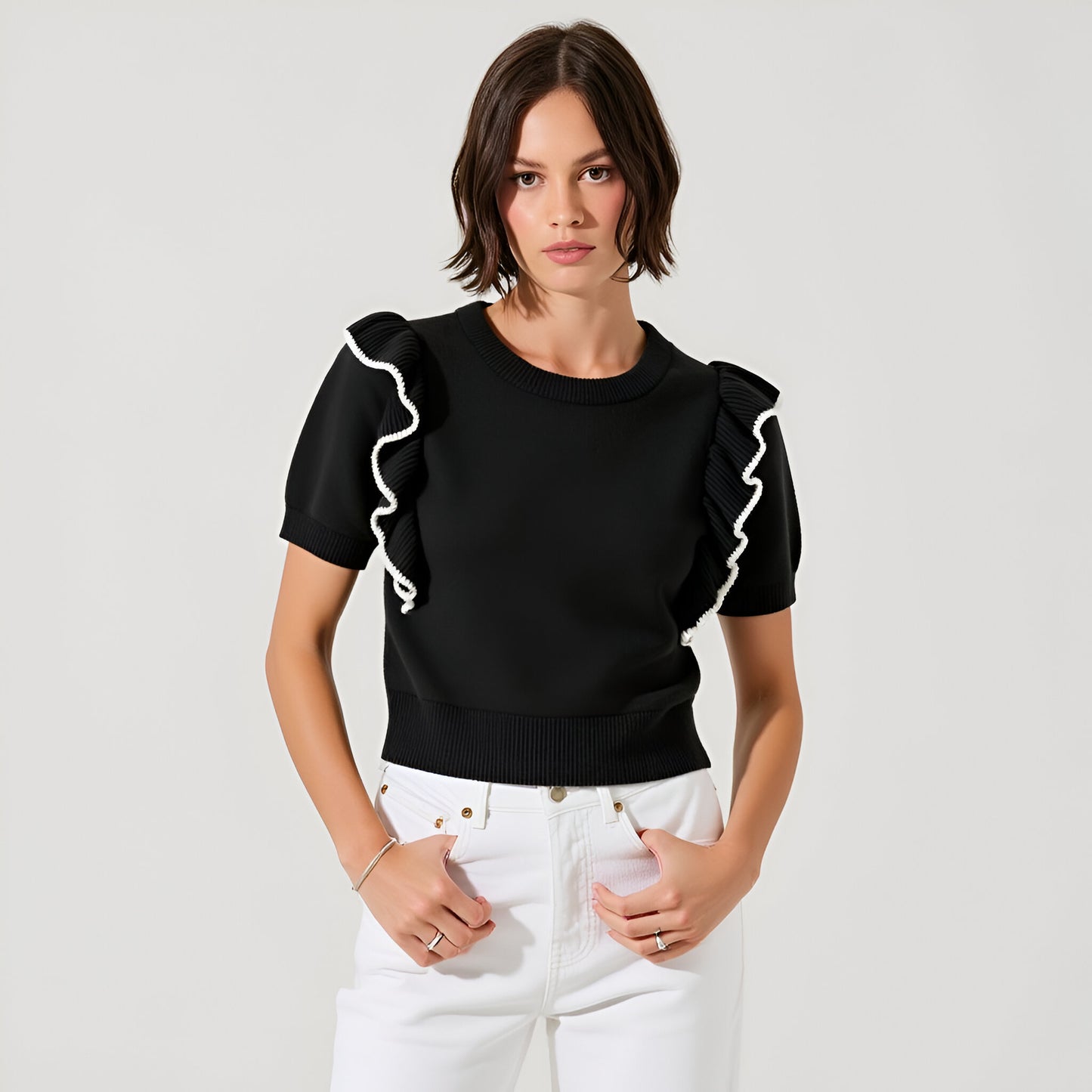 Knit Sweater Top with Short Puff Sleeves and Contrast Ruffle Trim