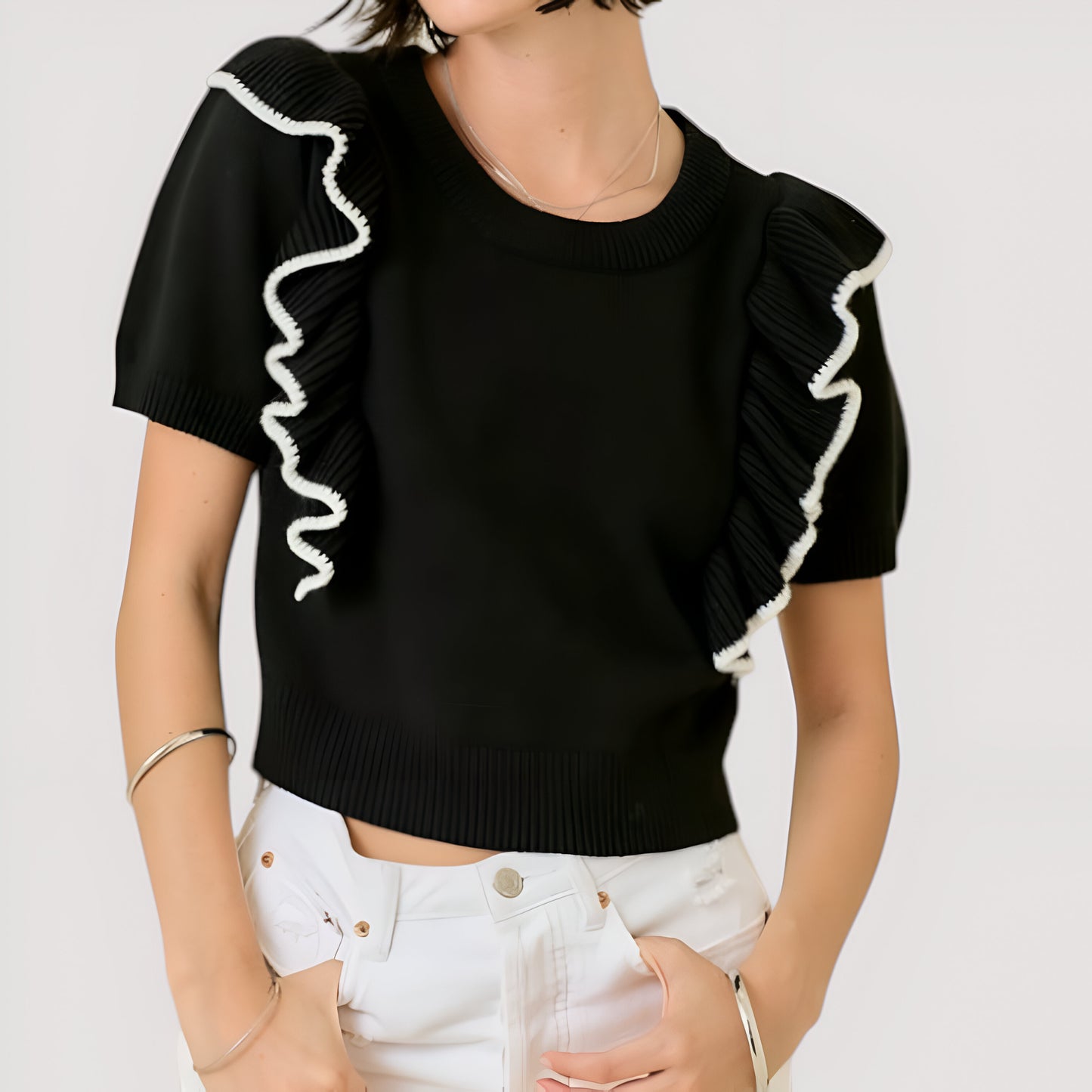 Knit Sweater Top with Short Puff Sleeves and Contrast Ruffle Trim