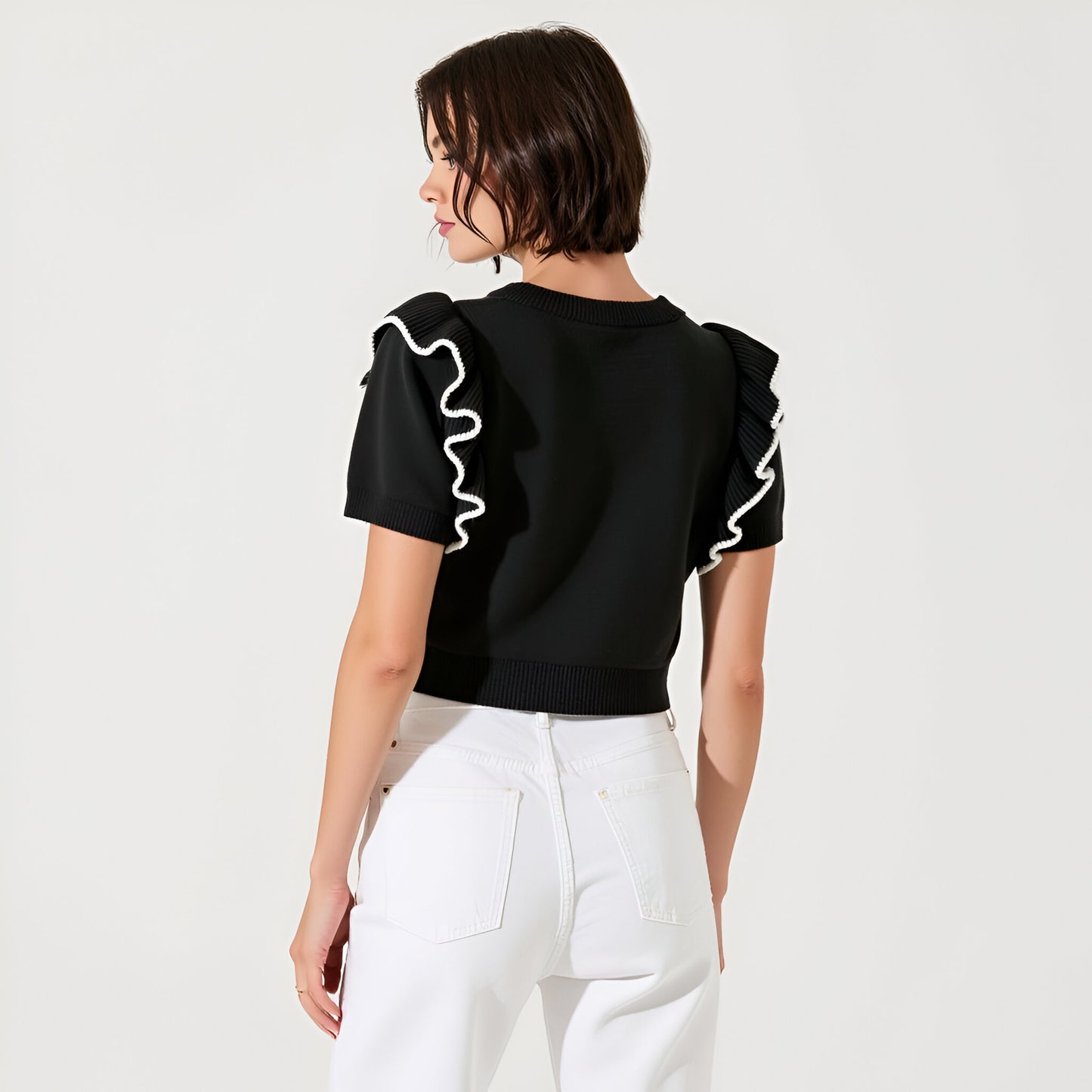 Knit Sweater Top with Short Puff Sleeves and Contrast Ruffle Trim