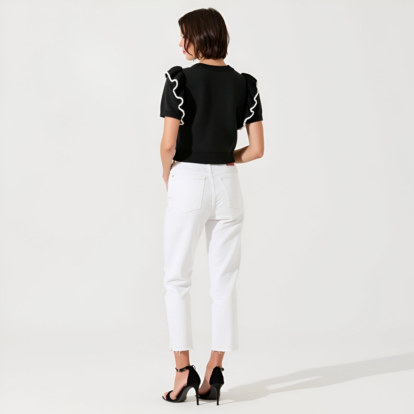 Knit Sweater Top with Short Puff Sleeves and Contrast Ruffle Trim
