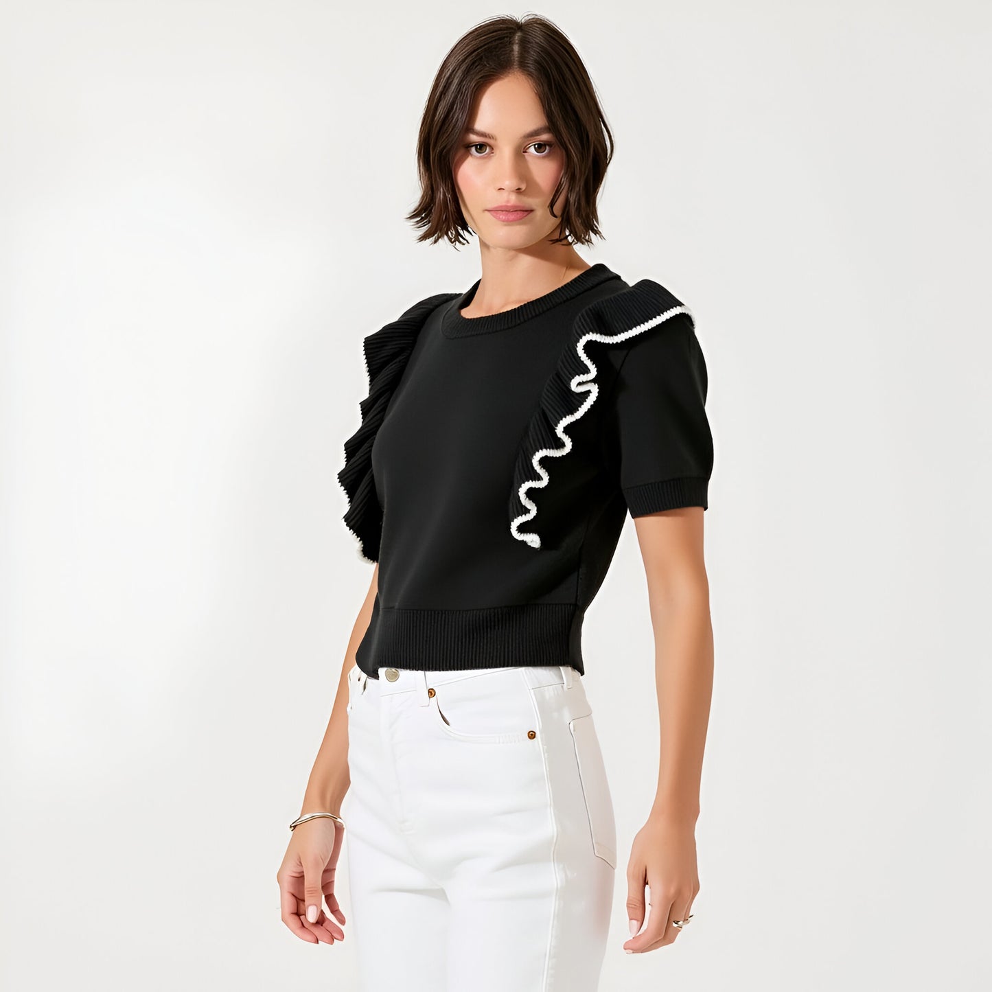 Knit Sweater Top with Short Puff Sleeves and Contrast Ruffle Trim