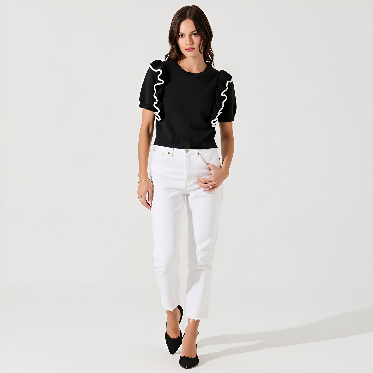 Knit Sweater Top with Short Puff Sleeves and Contrast Ruffle Trim