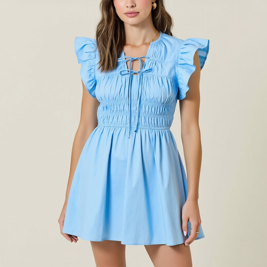 Smocked Mini Dress with Ruffle Sleeves and Front Tie Detail