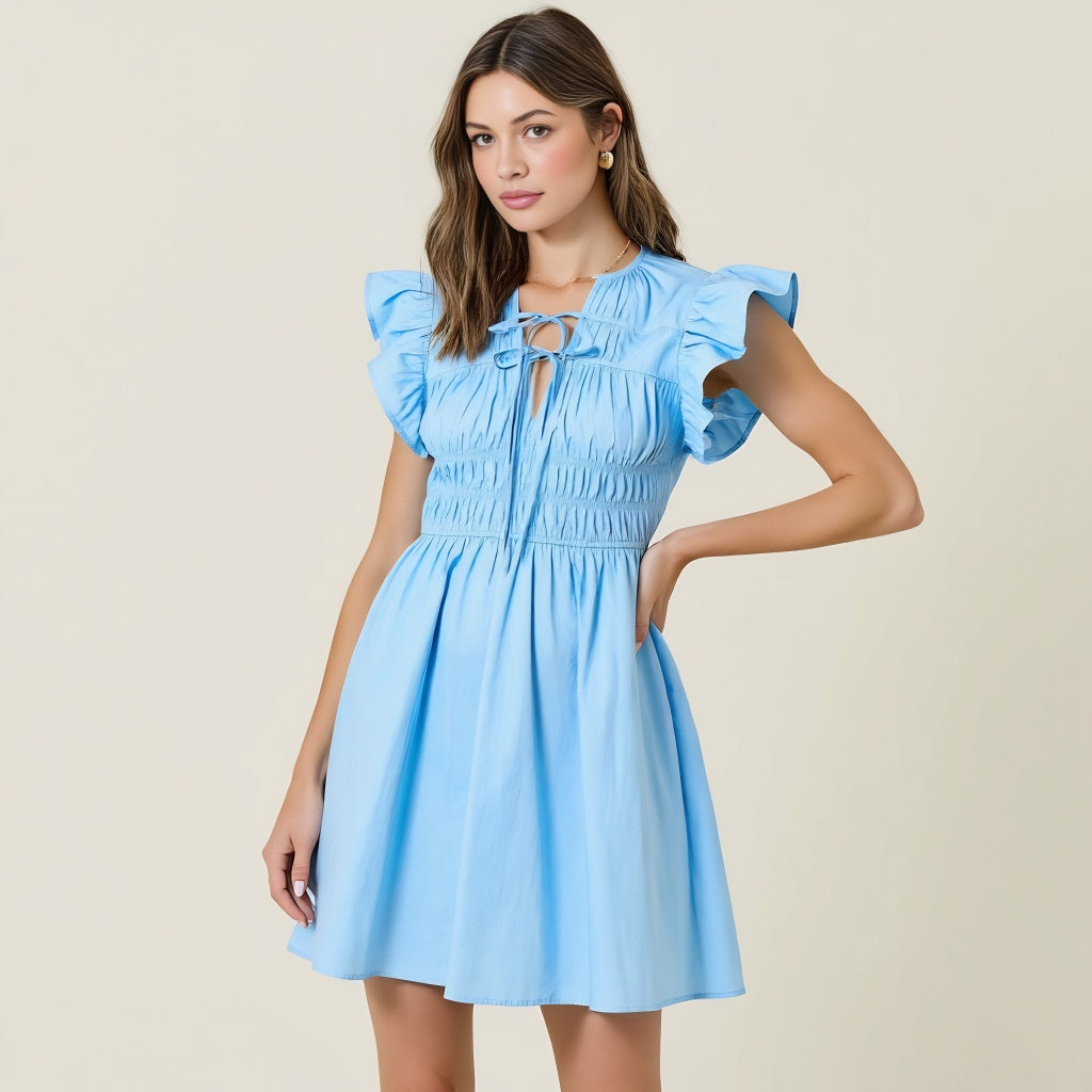 Smocked Mini Dress with Ruffle Sleeves and Front Tie Detail