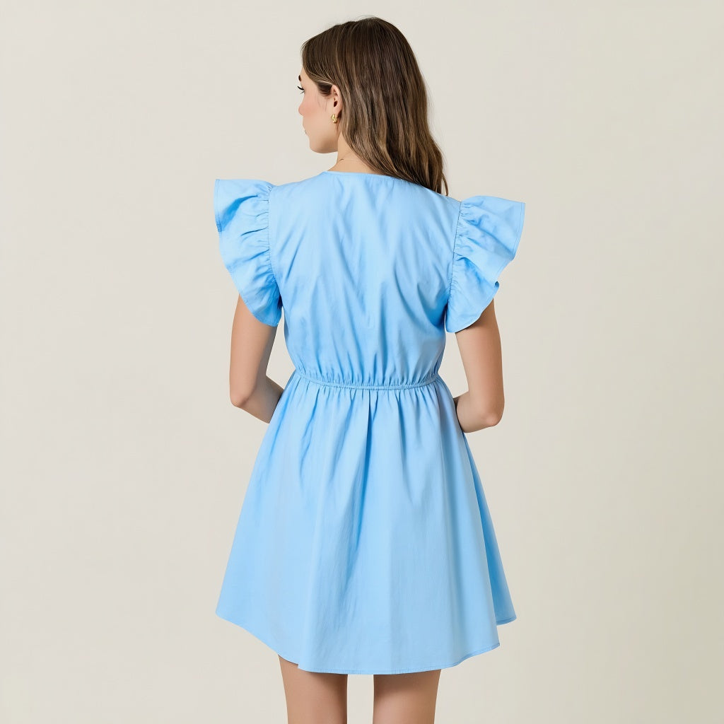 Smocked Mini Dress with Ruffle Sleeves and Front Tie Detail