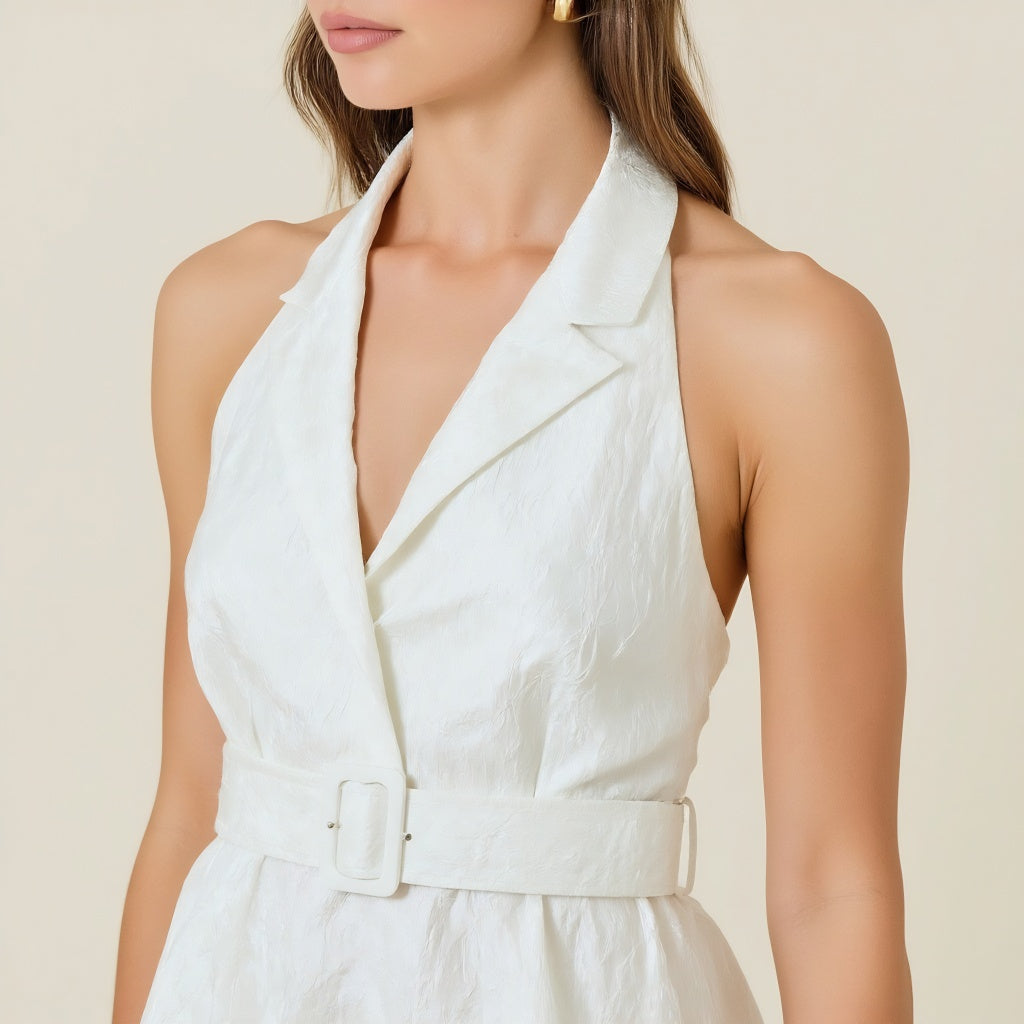 Halter Blazer Mini Dress with Belted Waist and Tailored Fit
