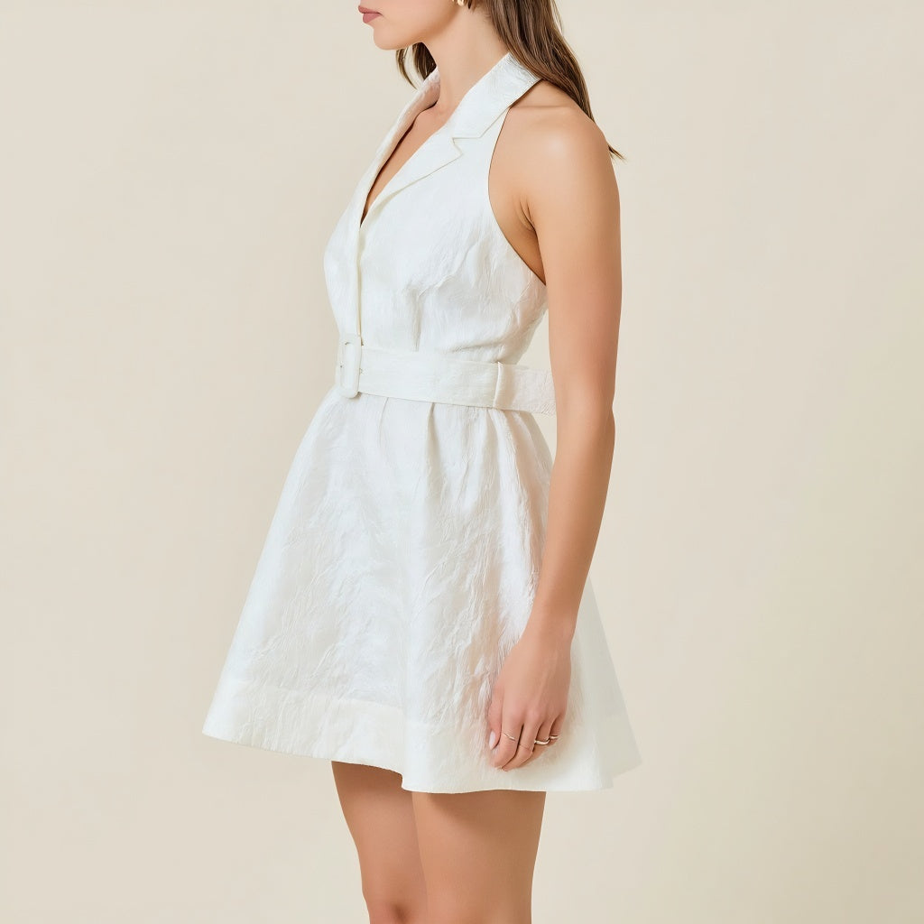 Halter Blazer Mini Dress with Belted Waist and Tailored Fit