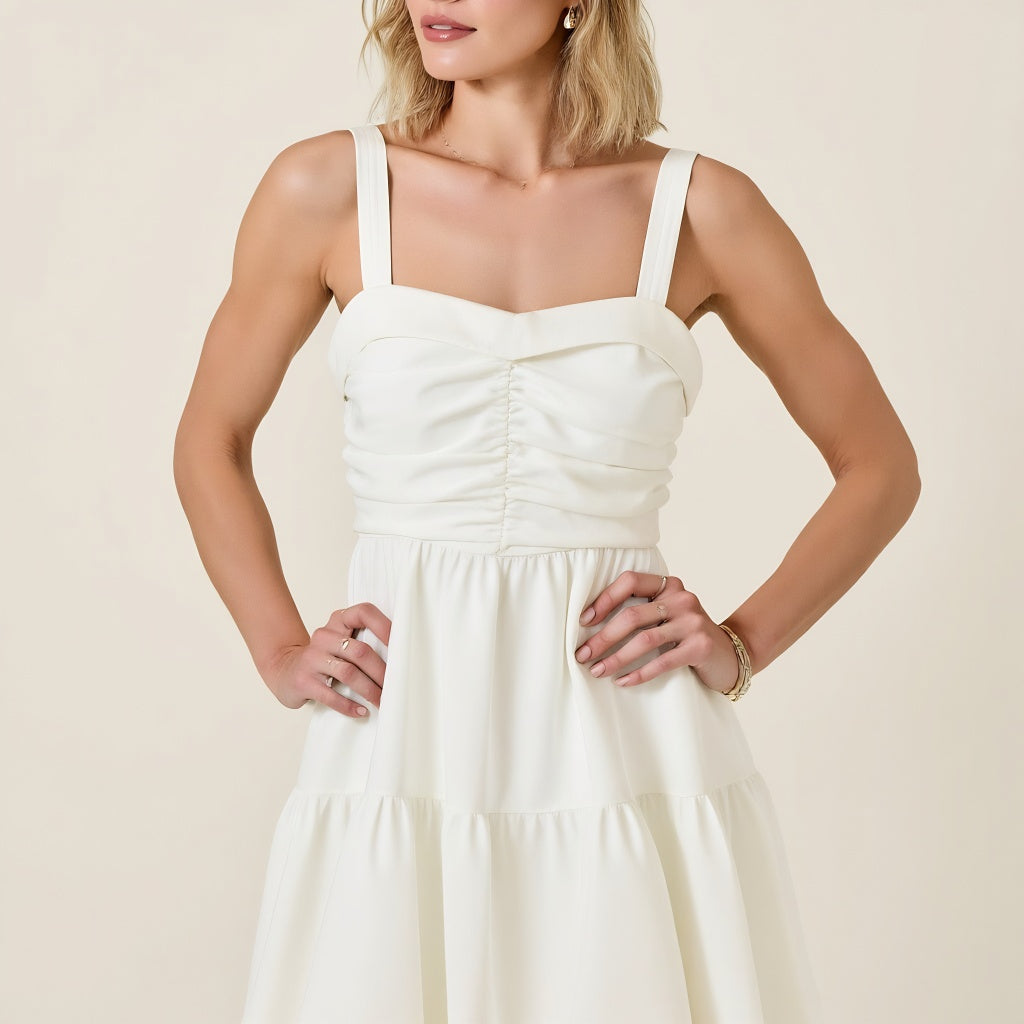 Ruched Sweetheart Neck Mini Dress with Straps and Flared Hem