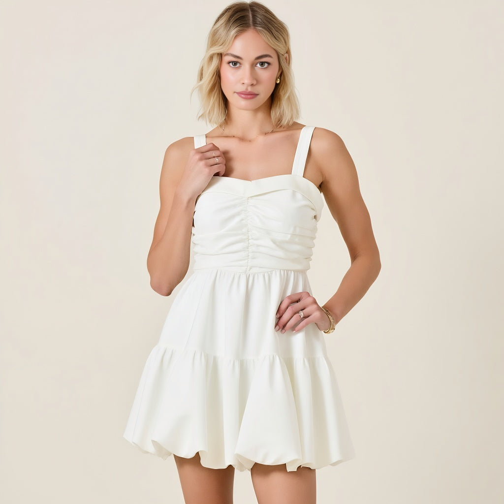 Ruched Sweetheart Neck Mini Dress with Straps and Flared Hem