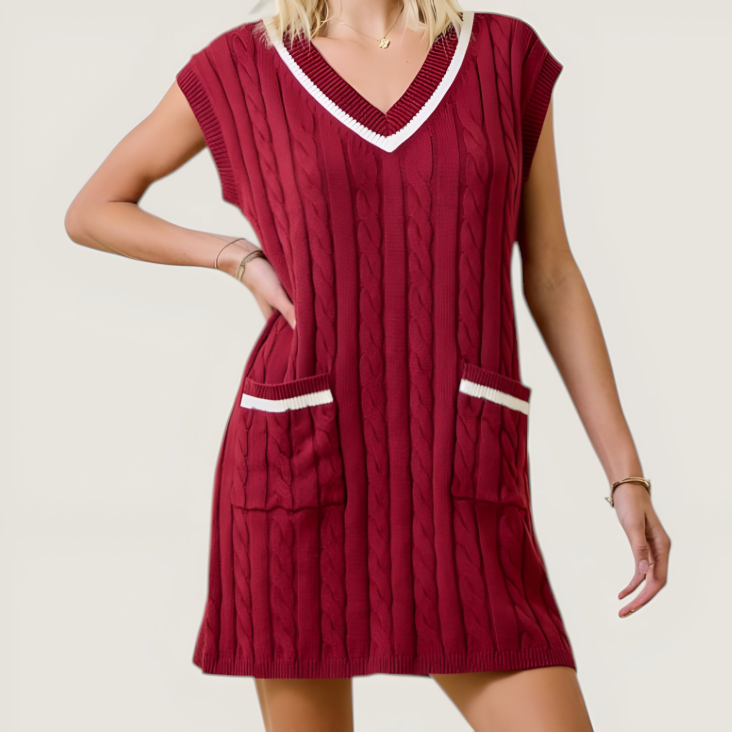 Cable Knit Sweater Tank Mini Dress with Contrast Stripe and Front Pockets