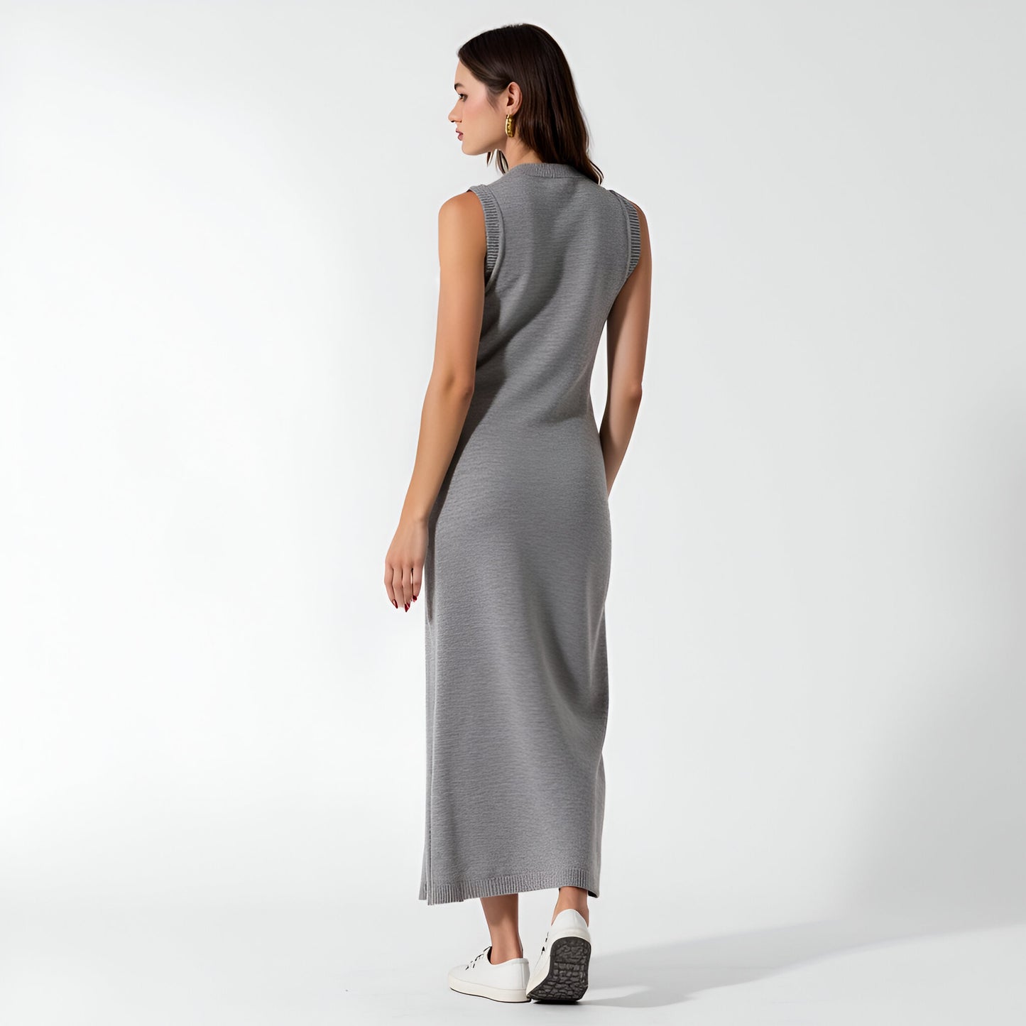 Sleeveless Knit Maxi Dress with Attached Scarf Tie and Side Slit