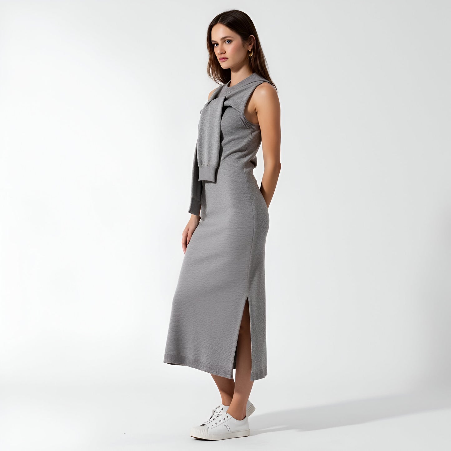 Sleeveless Knit Maxi Dress with Attached Scarf Tie and Side Slit